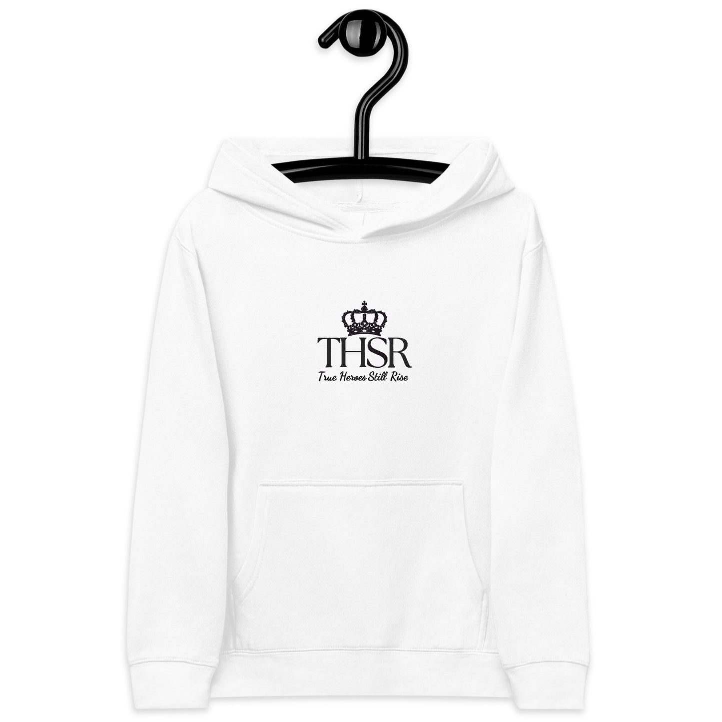 THSR Youth Pullover Hoodies with Center-Chest Logo – White Pullover Hoodies Featuring Black "THSR True Heroes Still Rise" under a crown Design for Kids