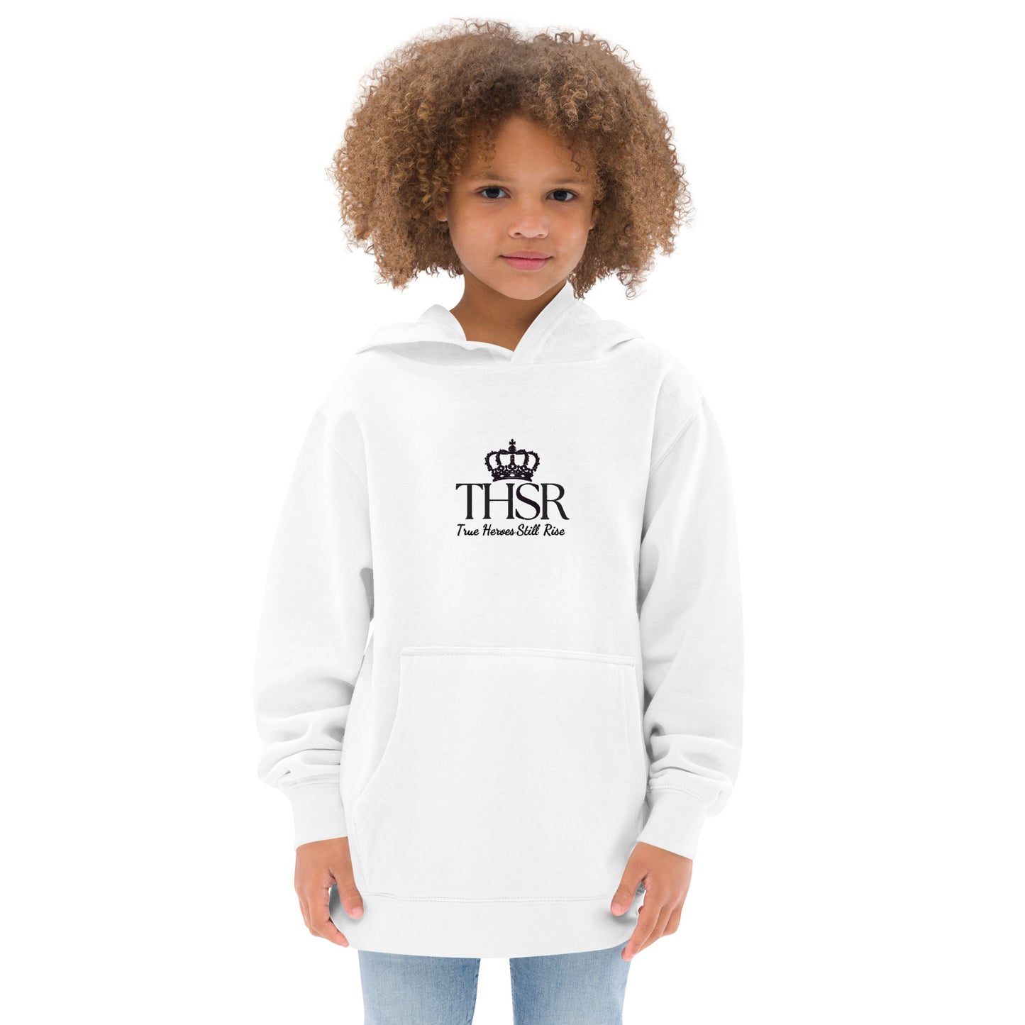 THSR Youth Pullover Hoodies with Center-Chest Logo – White Pullover Hoodies Featuring Black "THSR True Heroes Still Rise" under a crown Design for Kids