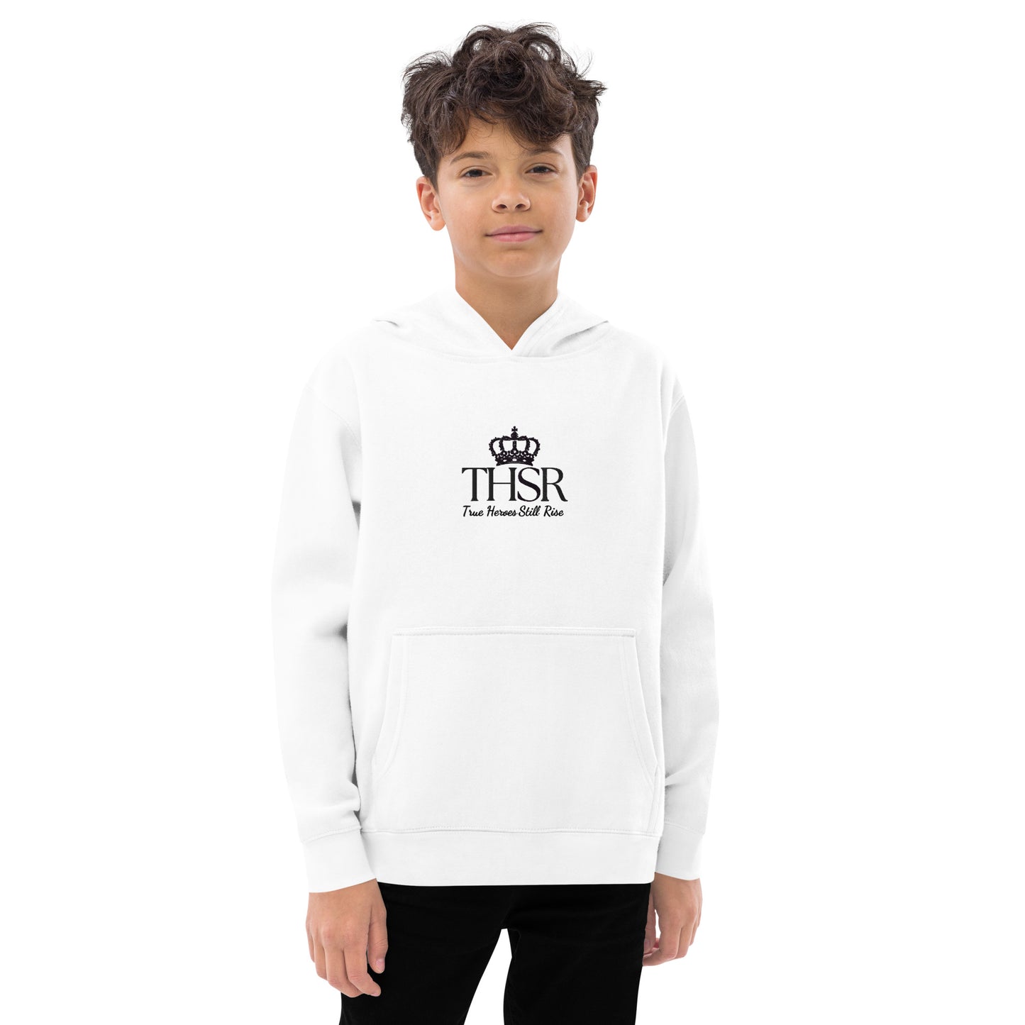 THSR Youth Pullover Hoodies with Center-Chest Logo – White Pullover Hoodies Featuring Black "THSR True Heroes Still Rise" under a crown Design for Kids