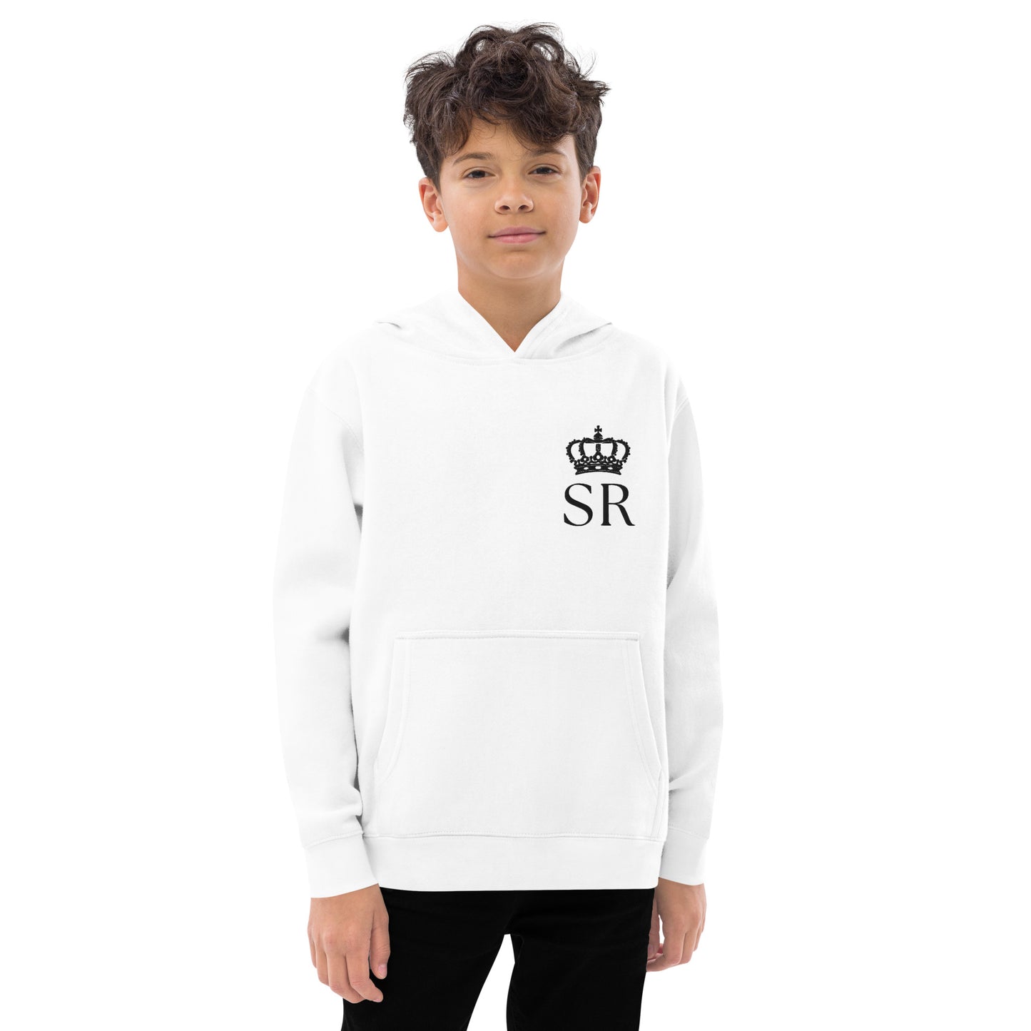 THSR Youth Pullover Hoodies with Left-Chest Logo – White Pullover Hoodies Featuring Black THSR "SR" under a crown Design for Kids