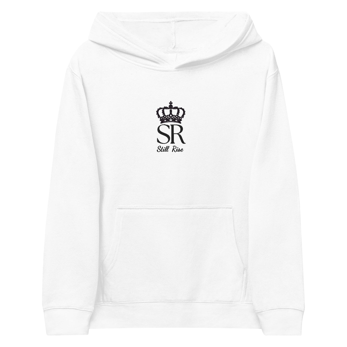 THSR Youth Pullover Hoodies with Center-Chest Logo – White Pullover Hoodies Featuring Black THSR "SR Still Rise" under a crown Design for Kids