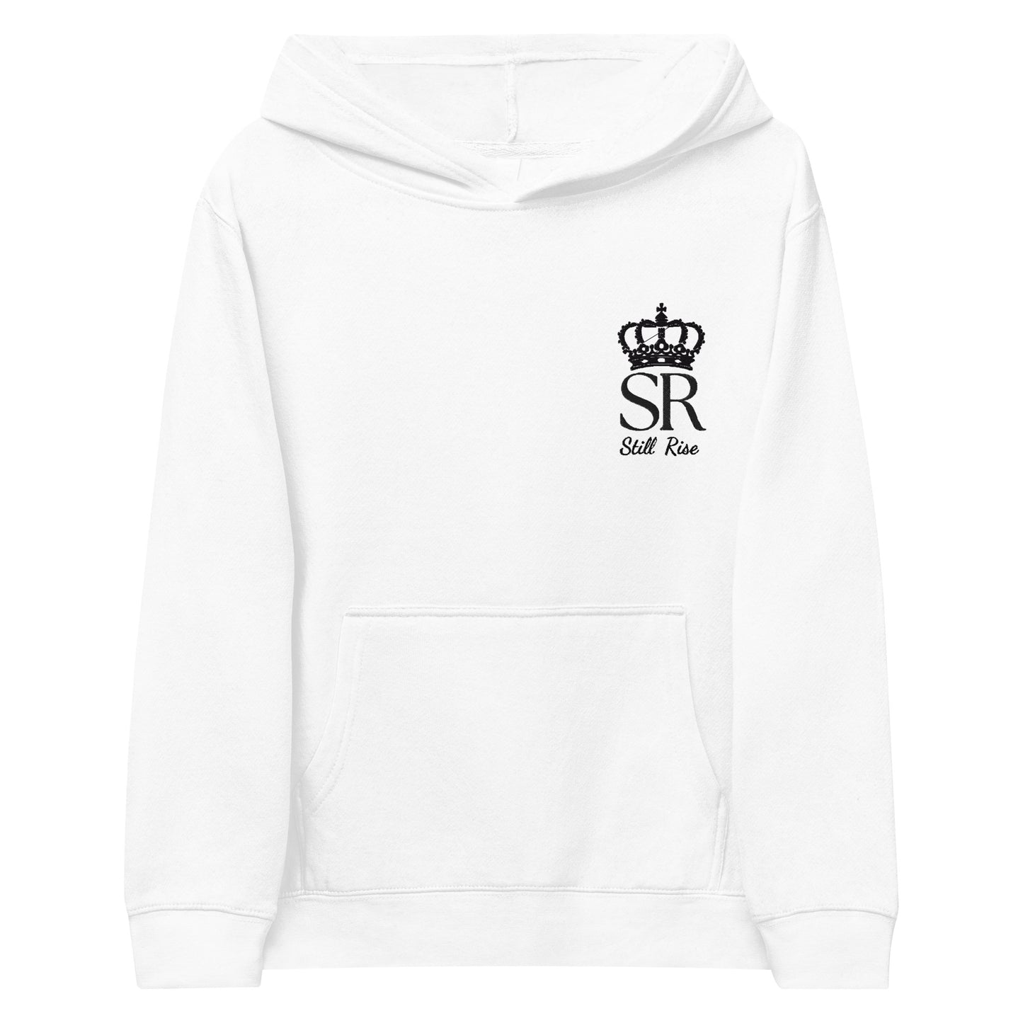 THSR Youth Pullover Hoodies with Left-Chest Logo – White Pullover Hoodies Featuring Black THSR "SR Still Rise" under a crown Design for Kids