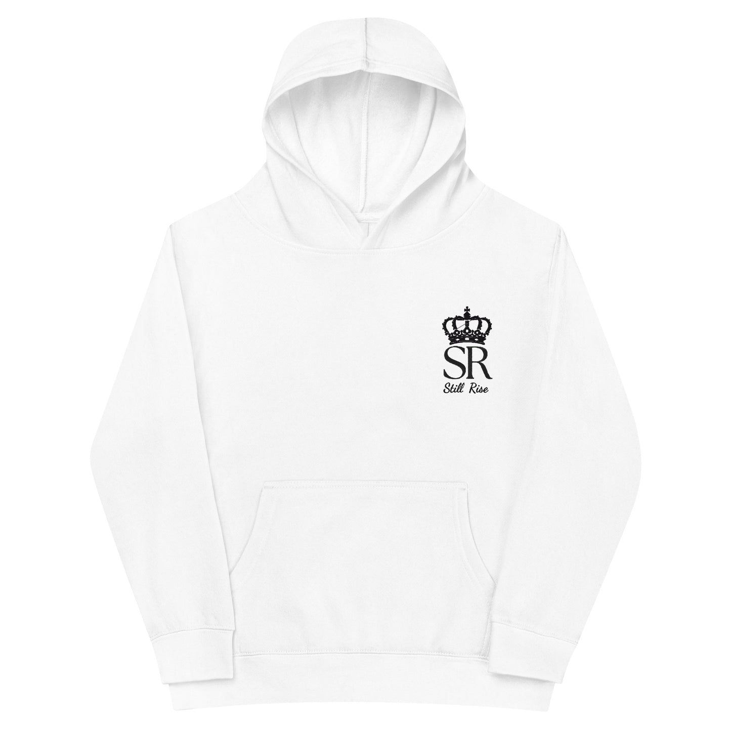 THSR Youth Pullover Hoodies with Left-Chest Logo – White Pullover Hoodies Featuring Black THSR "SR Still Rise" under a crown Design for Kids