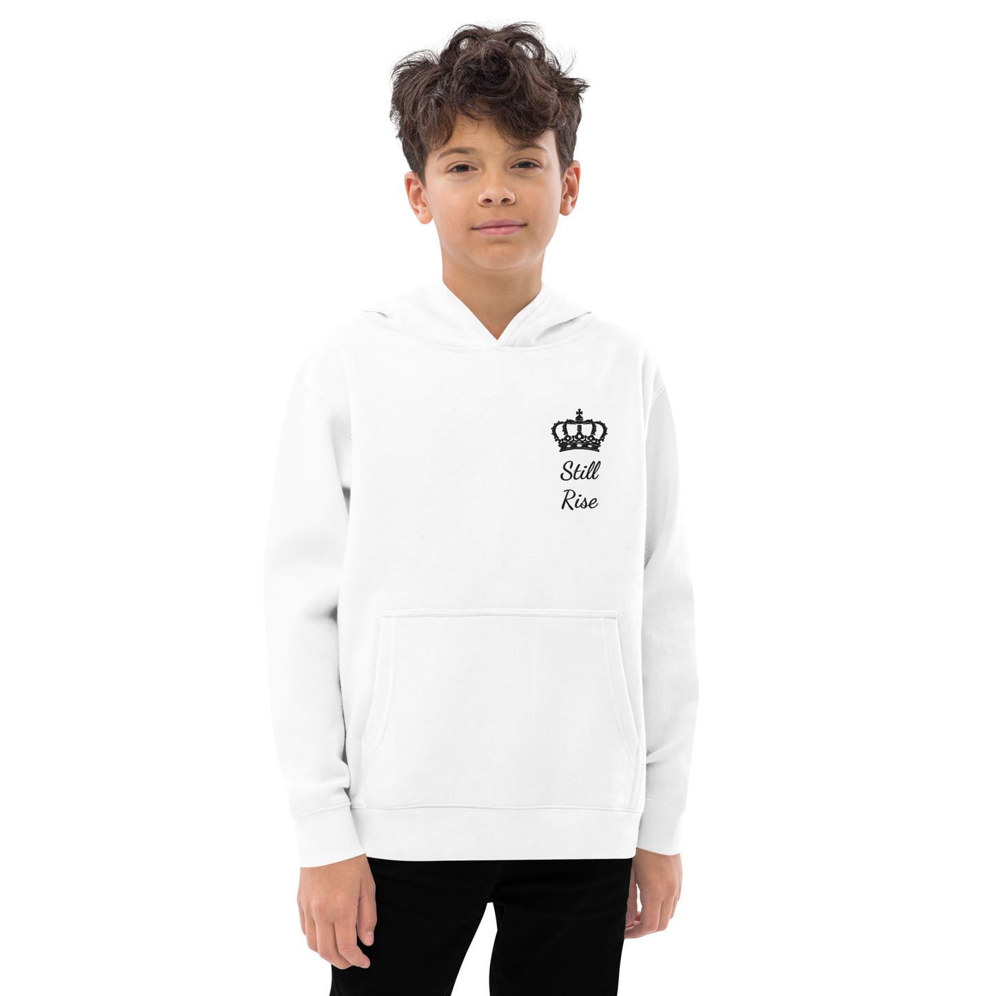 THSR Youth Pullover Hoodies with Left-Chest Logo – White Pullover Hoodies Featuring Black THSR "Still Rise" under a crown Design for Kids