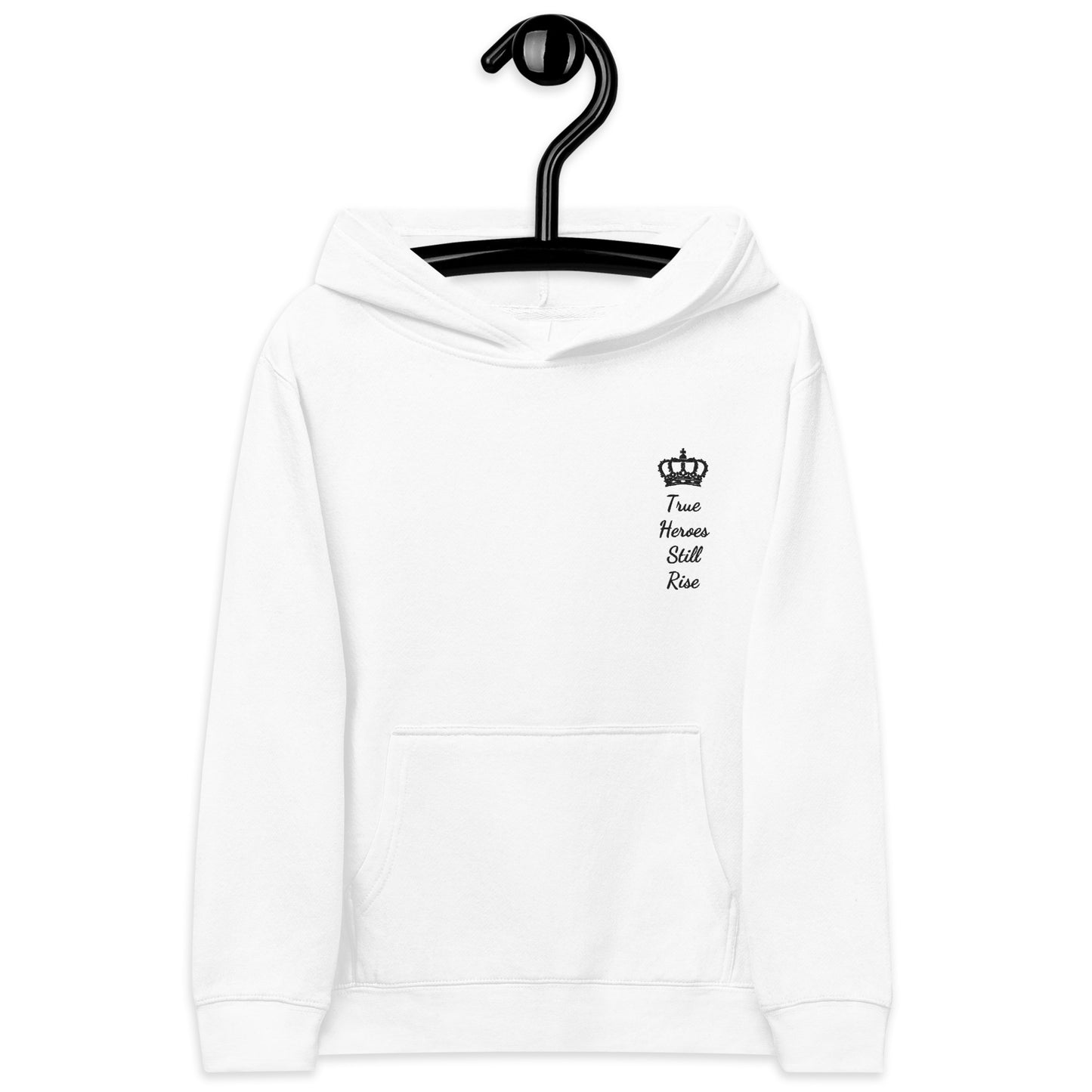 THSR Youth Pullover Hoodies with Left-Chest Logo – White Pullover Hoodies Featuring Black "True Heroes Still Rise" under a crown Design for Kids