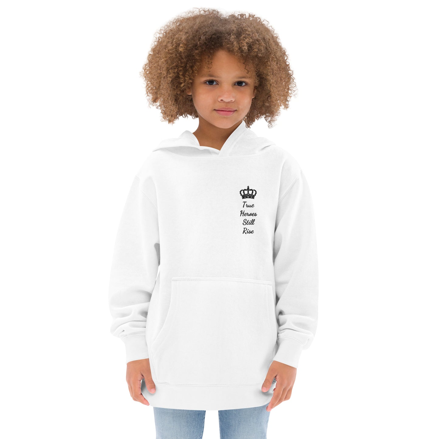 THSR Youth Pullover Hoodies with Left-Chest Logo – White Pullover Hoodies Featuring Black "True Heroes Still Rise" under a crown Design for Kids