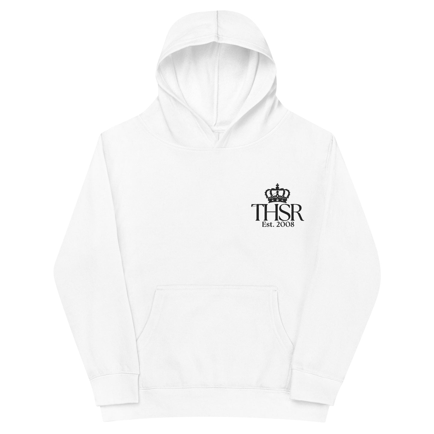 THSR Youth Pullover Hoodies with Left-Chest Logo – White Pullover Hoodies Featuring Black "THSR Est. 2008" under a crown Design for Kids