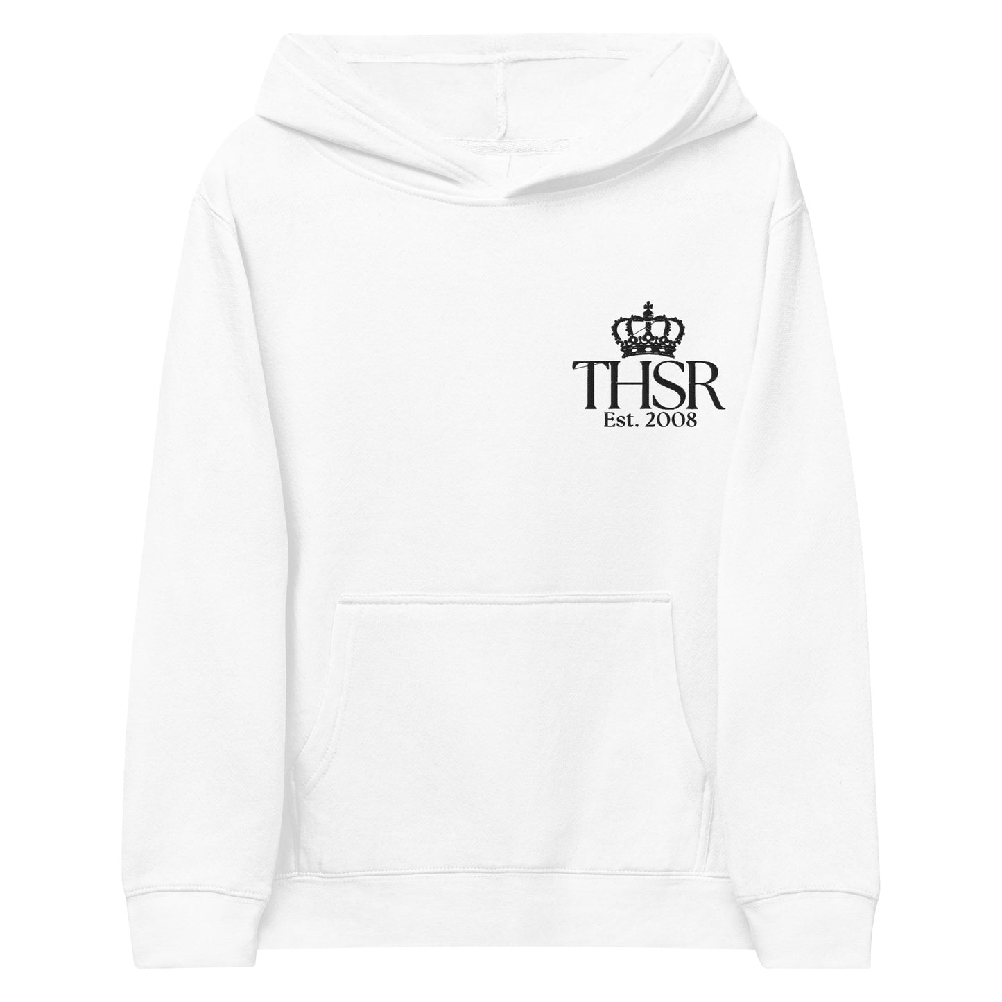 THSR Youth Pullover Hoodies with Left-Chest Logo – White Pullover Hoodies Featuring Black "THSR Est. 2008" under a crown Design for Kids