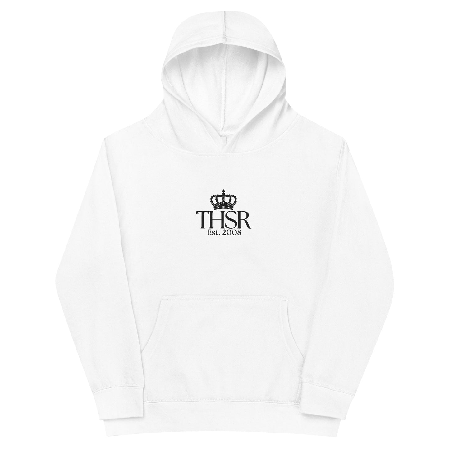 THSR Youth Pullover Hoodies with Center-Chest Logo – White Pullover Hoodies Featuring Black "THSR Est. 2008" under a crown Design for Kids