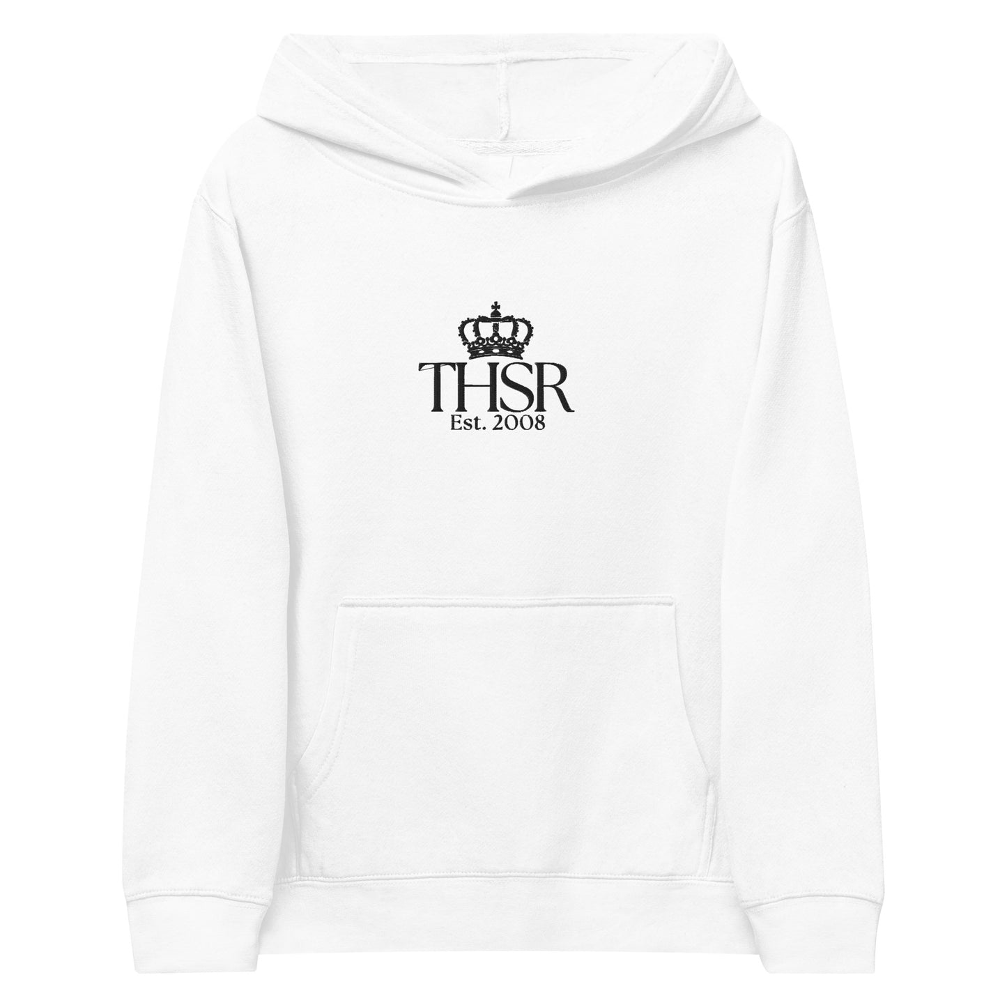 THSR Youth Pullover Hoodies with Center-Chest Logo – White Pullover Hoodies Featuring Black "THSR Est. 2008" under a crown Design for Kids