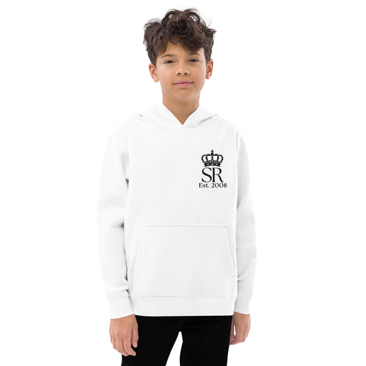 THSR Youth Pullover Hoodies with Left-Chest Logo – White Pullover Hoodies Featuring Black "SR Est. 2008" under a crown Design for Kids