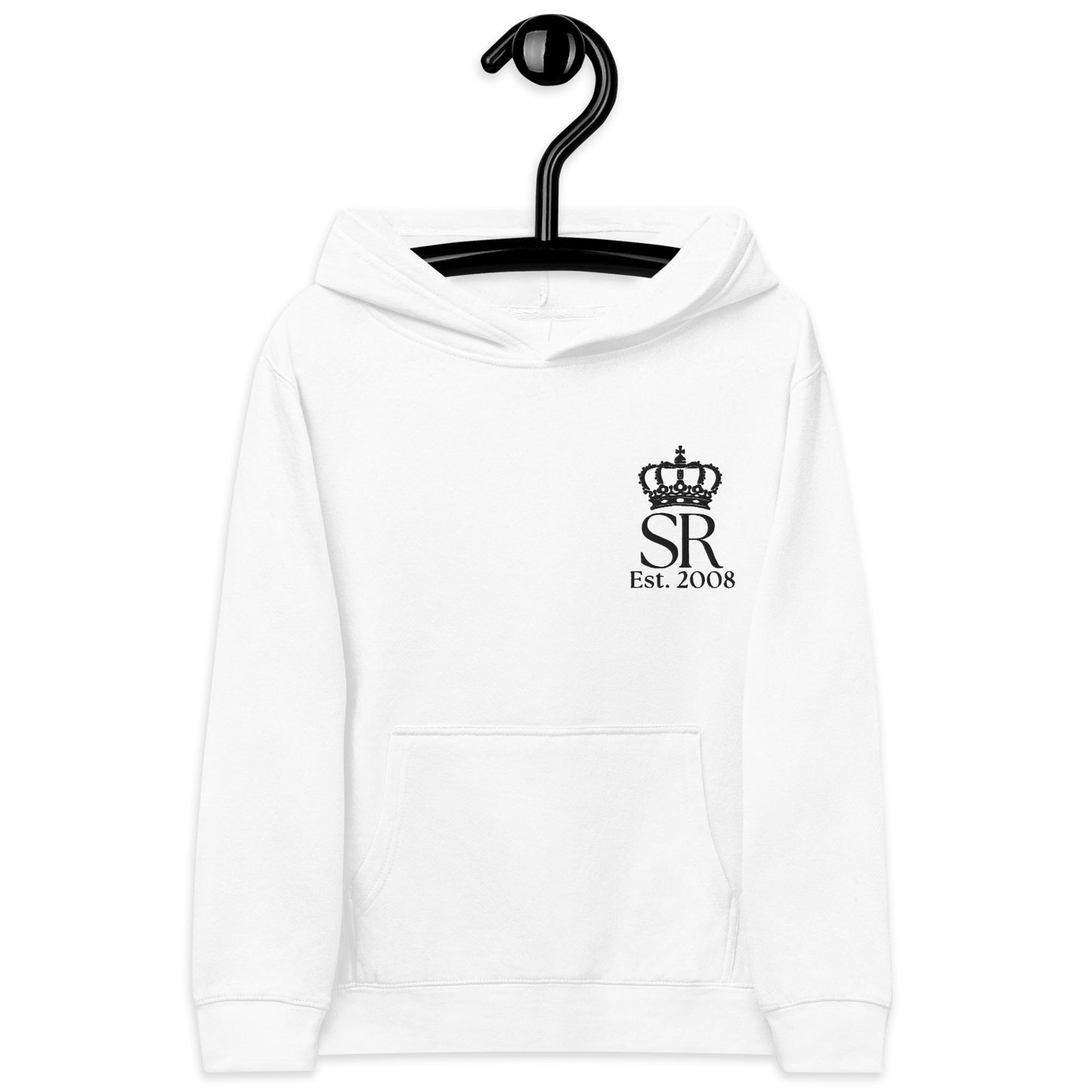 THSR Youth Pullover Hoodies with Left-Chest Logo – White Pullover Hoodies Featuring Black "SR Est. 2008" under a crown Design for Kids