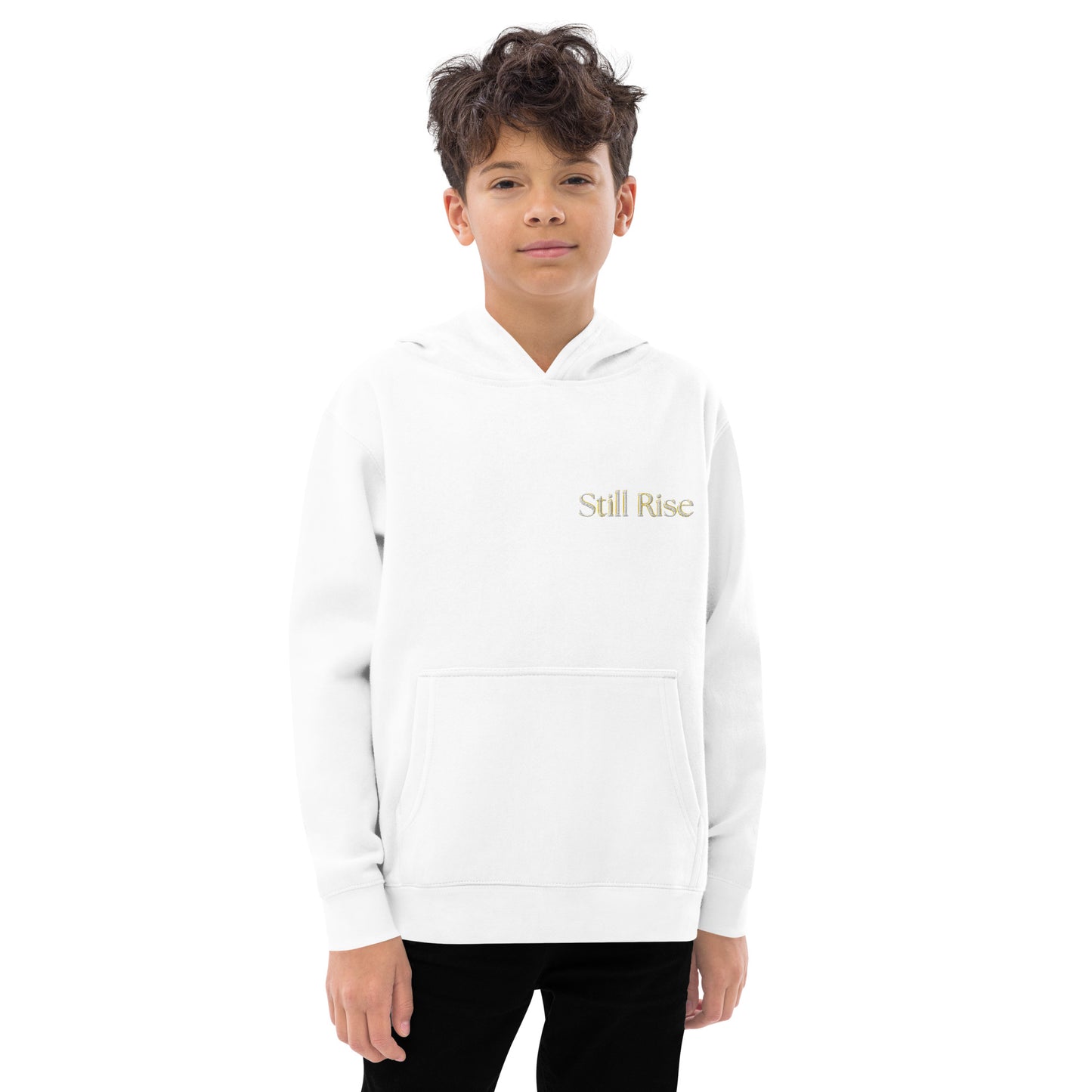 THSR Youth Pullover Hoodies with Left-Chest Logo – Black or White Pullover Hoodies Featuring Bold Gold "Still Rise" Design for Kids