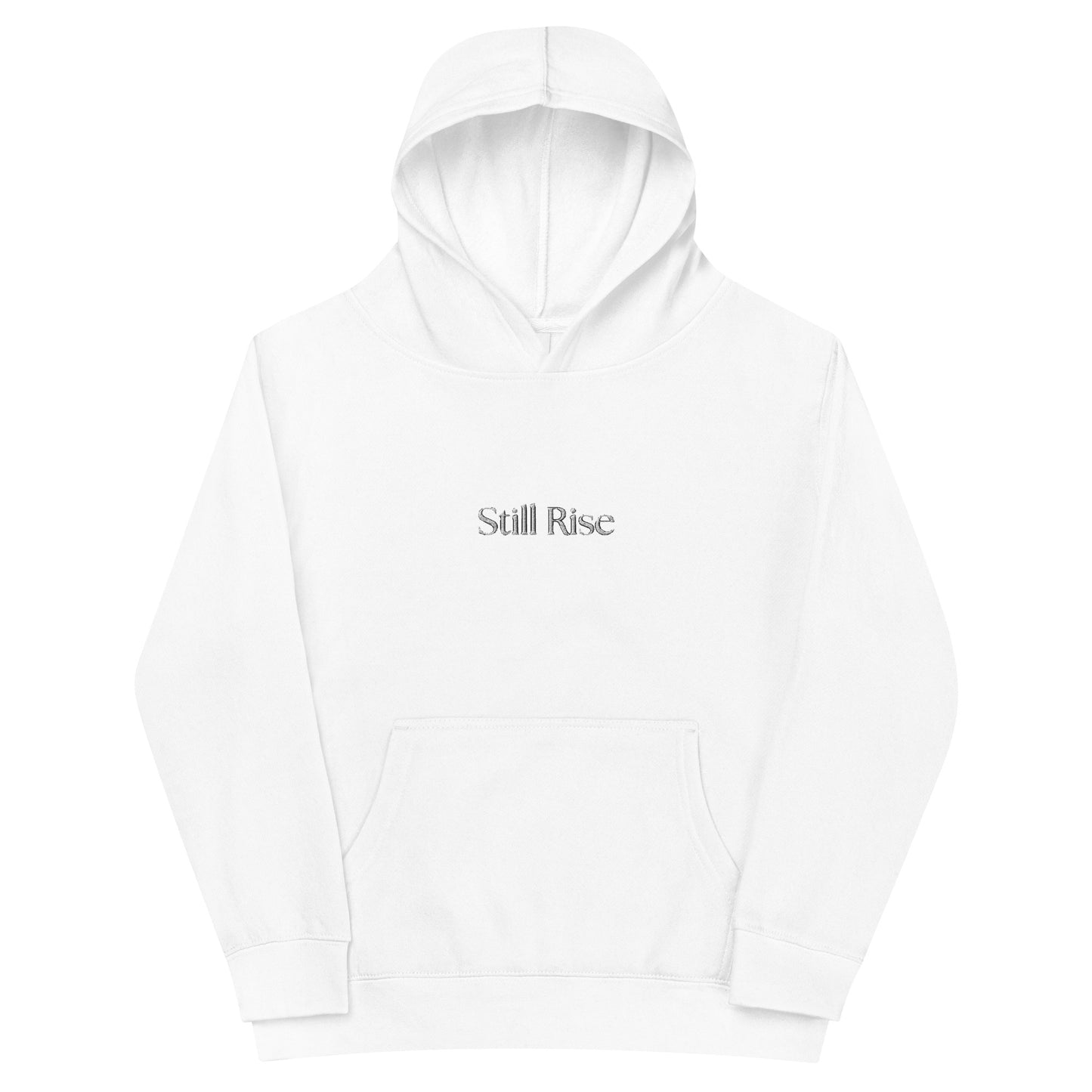 THSR Youth Pullover Hoodies with Center-Chest Logo – White Pullover Hoodies Featuring Bold Black "Still Rise" Design for Kids