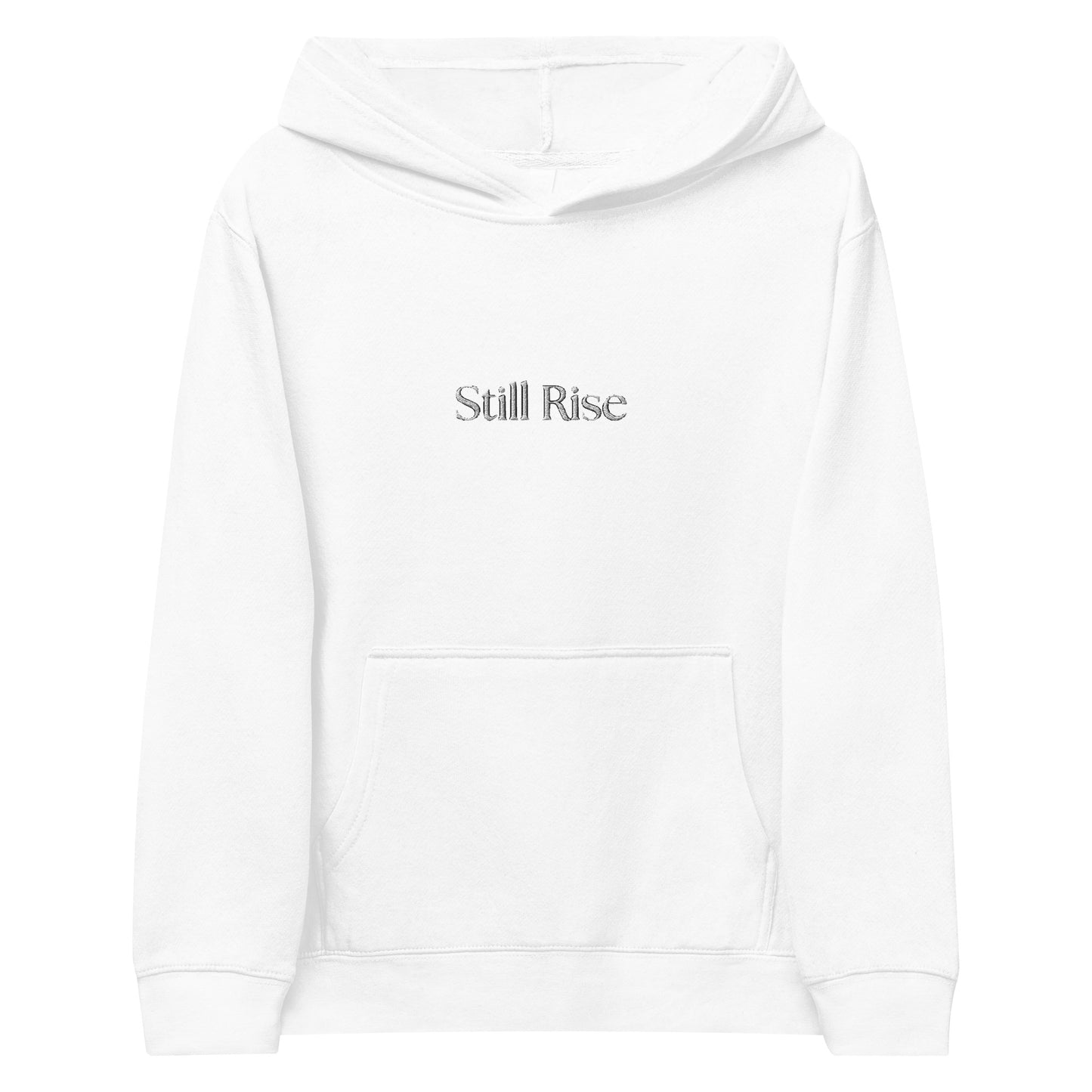 THSR Youth Pullover Hoodies with Center-Chest Logo – White Pullover Hoodies Featuring Bold Black "Still Rise" Design for Kids