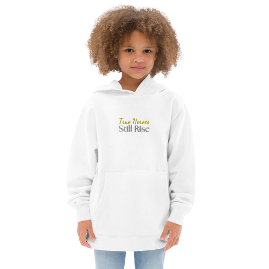 THSR Youth Pullover Hoodies with Center-Chest Logo – White Pullover Hoodies Featuring Bold Gold and Black "True Heroes Still Rise" Design for Kids