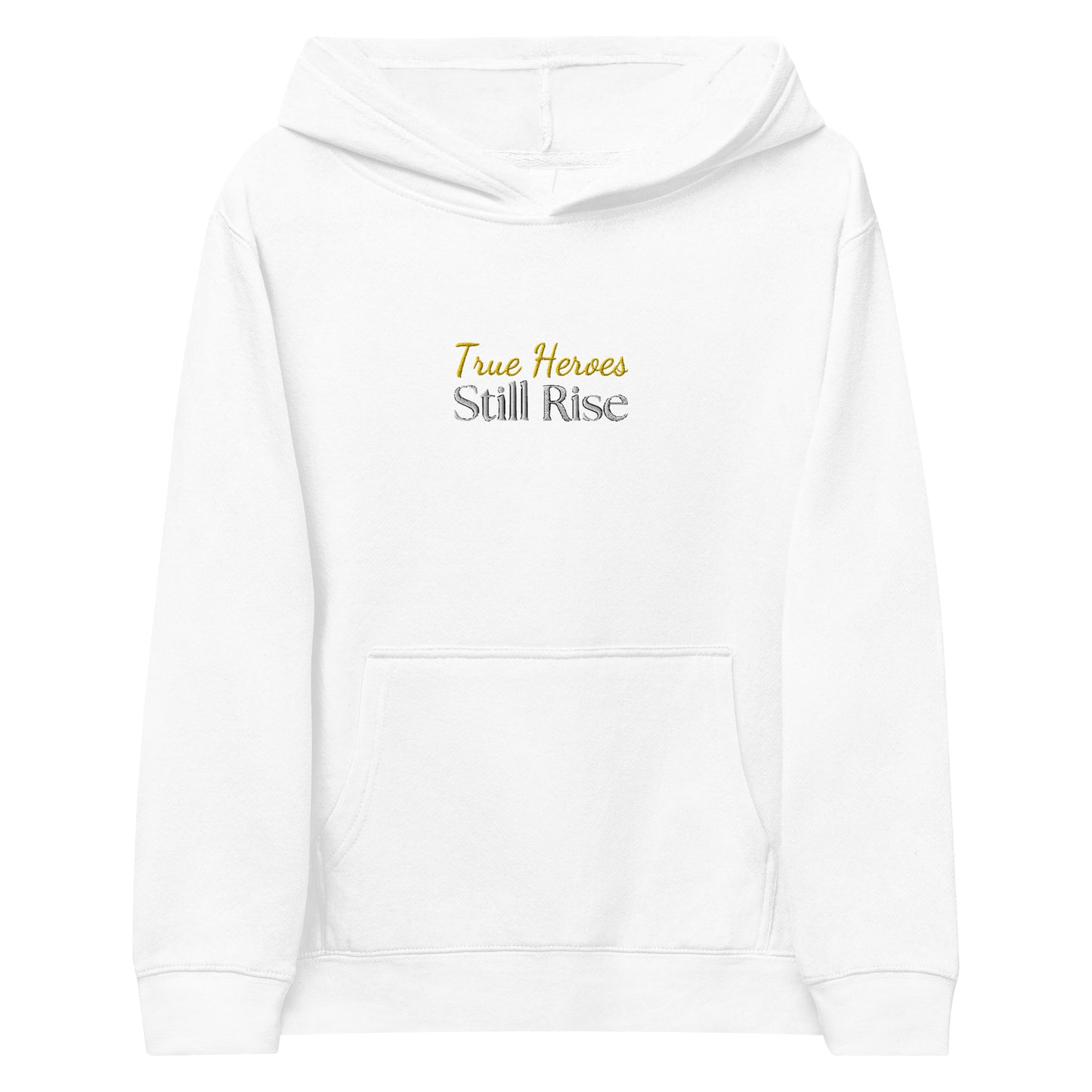 THSR Youth Pullover Hoodies with Center-Chest Logo – White Pullover Hoodies Featuring Bold Gold and Black "True Heroes Still Rise" Design for Kids