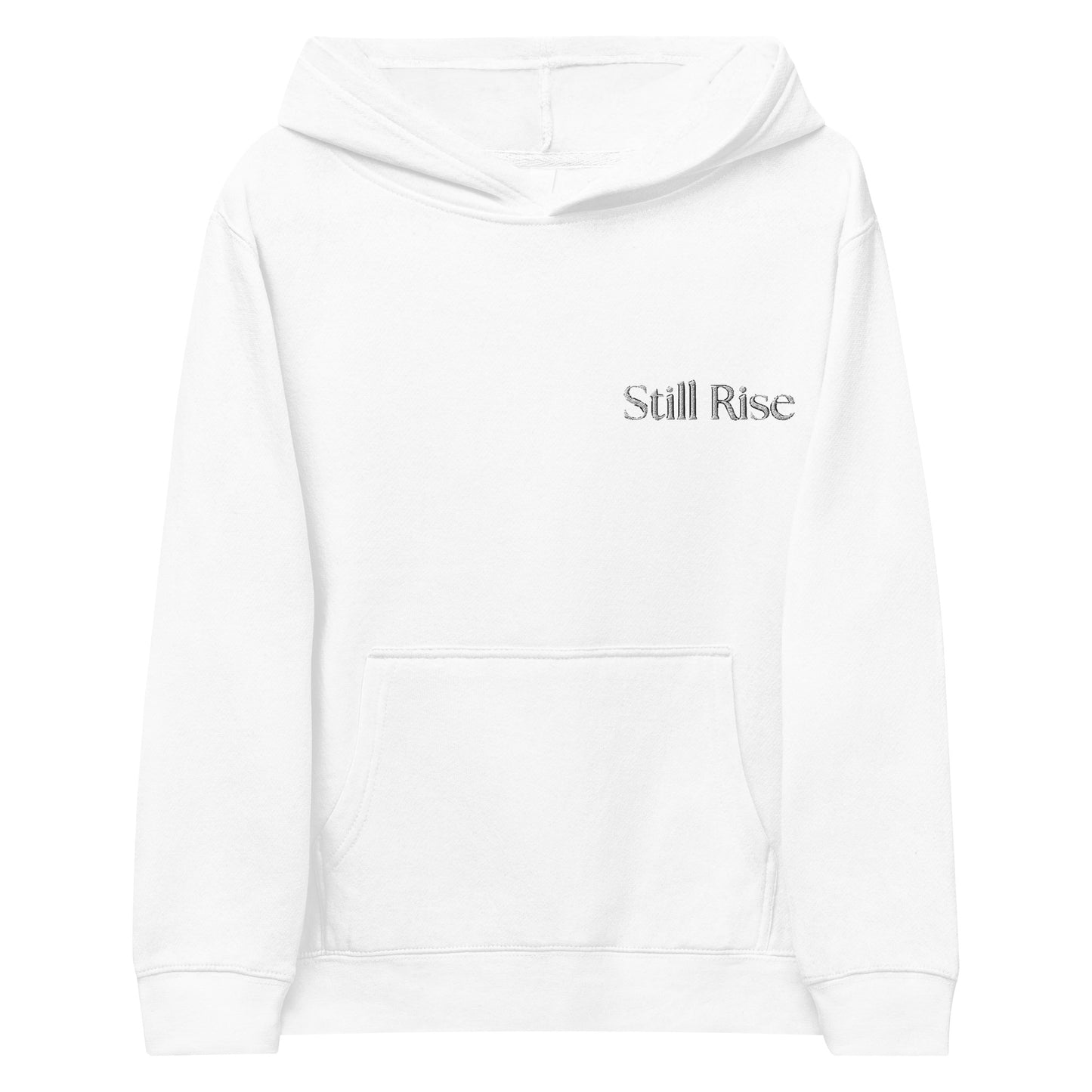 THSR Youth Pullover Hoodies with Left-Chest Logo – White Pullover Hoodies Featuring Bold Black "Still Rise" Design for Kids