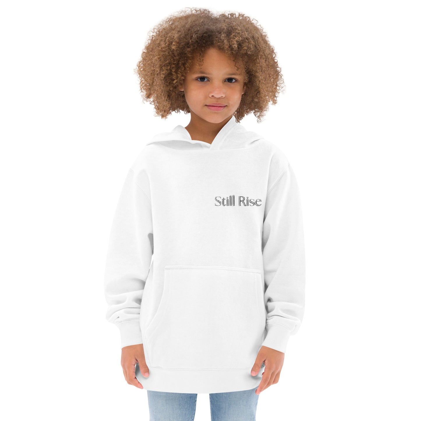 THSR Youth Pullover Hoodies with Left-Chest Logo – White Pullover Hoodies Featuring Bold Black "Still Rise" Design for Kids