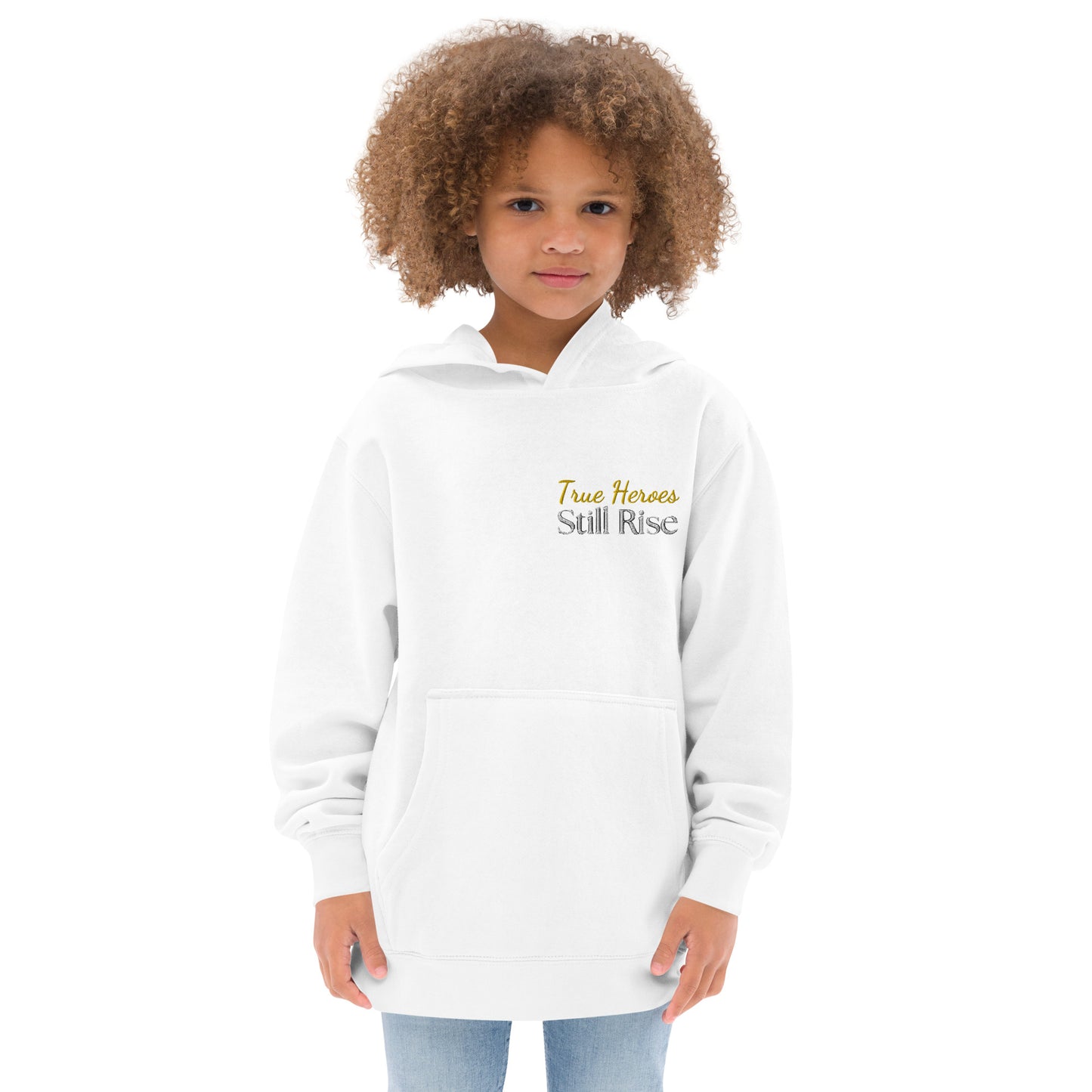 THSR Youth Pullover Hoodies with Left-Chest Logo – White Pullover Hoodies Featuring Bold Gold and Black "True Heroes Still Rise" Design for Kids