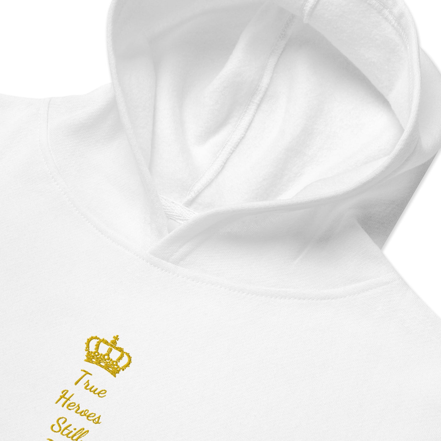 THSR Youth Pullover Hoodies with Center-Chest Logo – Black or White Pullover Hoodies Featuring Gold "True Heroes Still Rise" under a crown Design for Kids