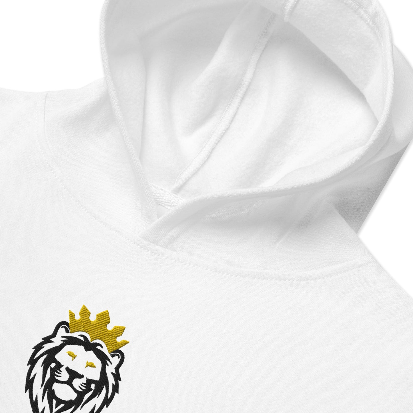 THSR Youth Pullover Hoodies with Center-Chest Logo – White Pullover Hoodies Featuring Black & Gold THSR KING Lion wearing a crown Design for Kids