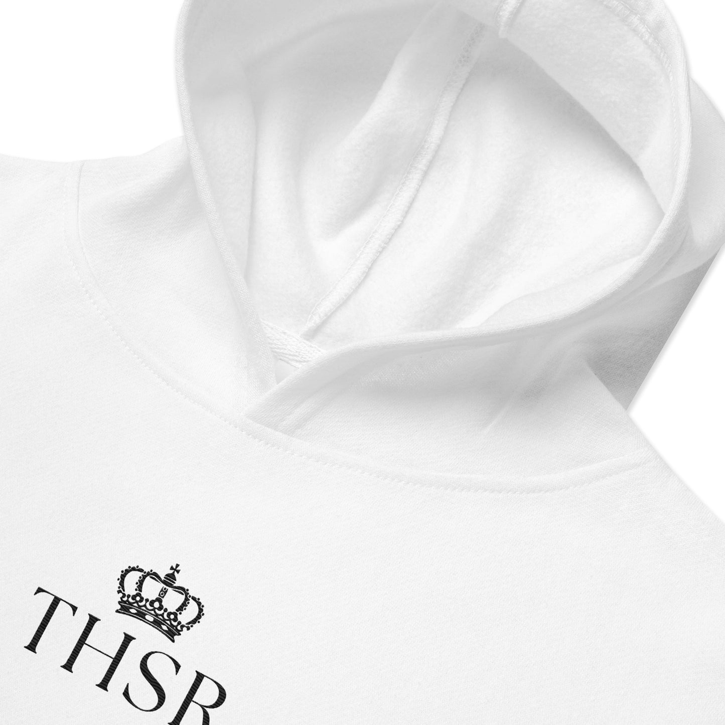 THSR Youth Pullover Hoodies with Center-Chest Logo – White Pullover Hoodies Featuring Black "THSR" under a crown Design for Kids