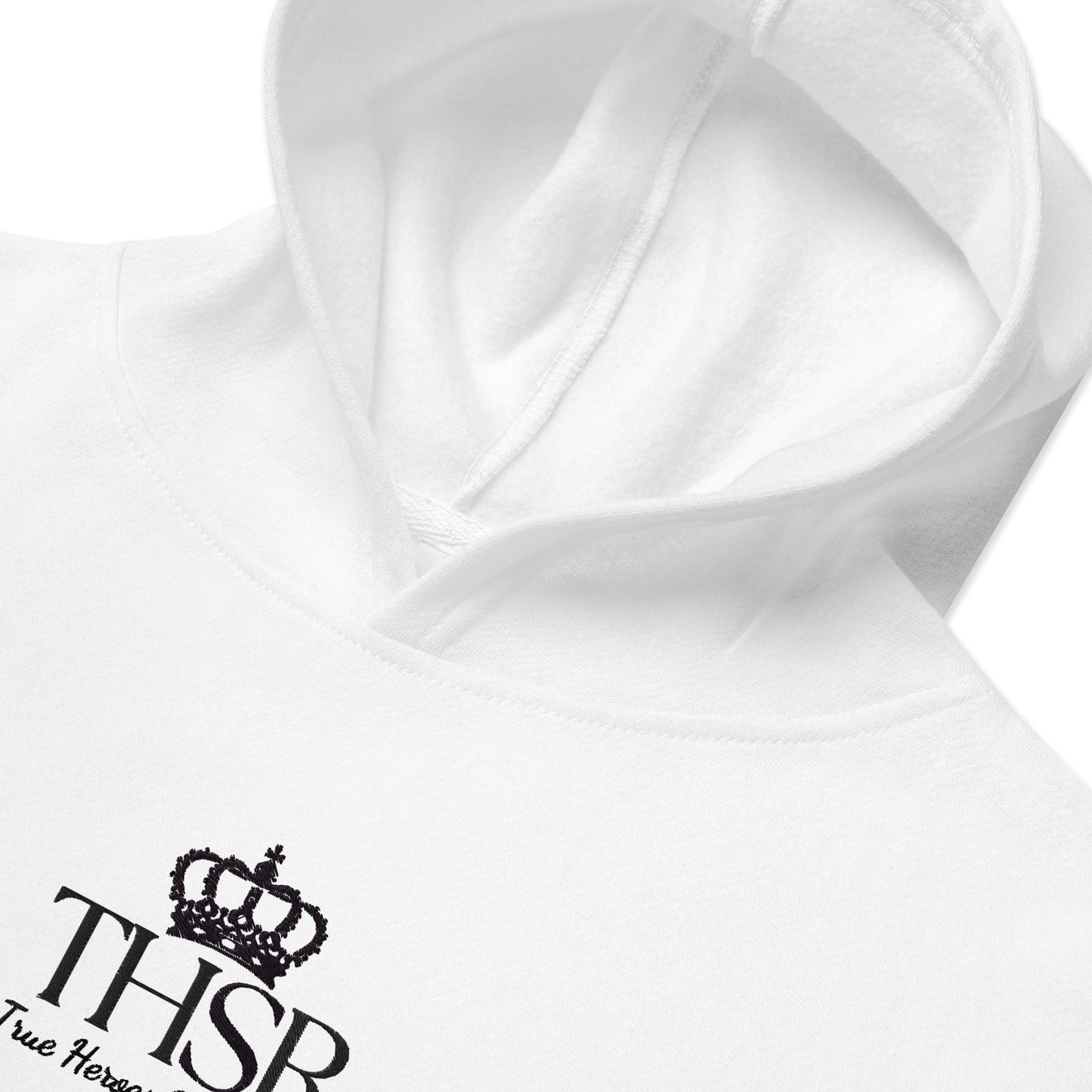 THSR Youth Pullover Hoodies with Center-Chest Logo – White Pullover Hoodies Featuring Black "THSR True Heroes Still Rise" under a crown Design for Kids