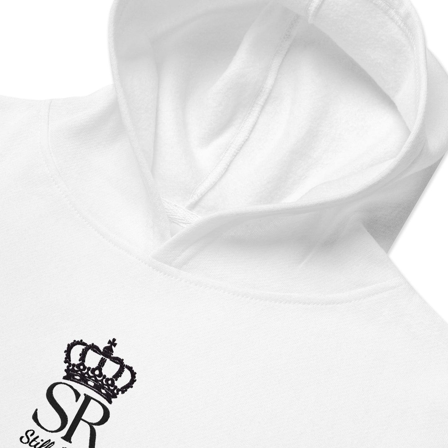 THSR Youth Pullover Hoodies with Center-Chest Logo – White Pullover Hoodies Featuring Black THSR "SR Still Rise" under a crown Design for Kids