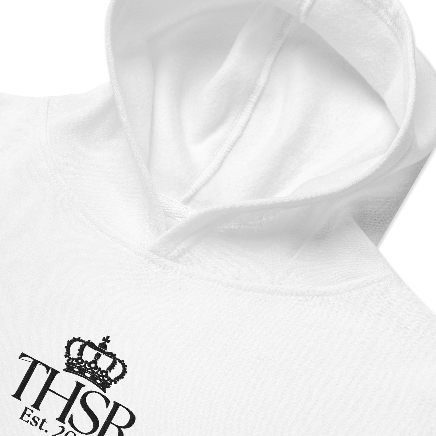 THSR Youth Pullover Hoodies with Center-Chest Logo – White Pullover Hoodies Featuring Black "THSR Est. 2008" under a crown Design for Kids