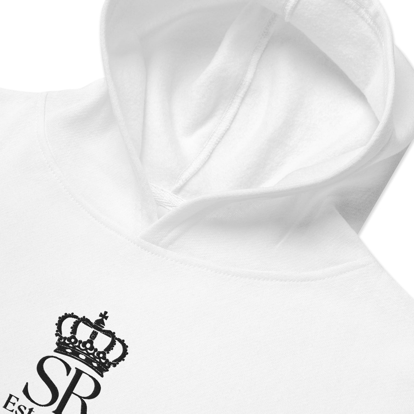 THSR Youth Pullover Hoodies with Center-Chest Logo – White Pullover Hoodies Featuring Black "SR Est. 2008" under a crown Design for Kids