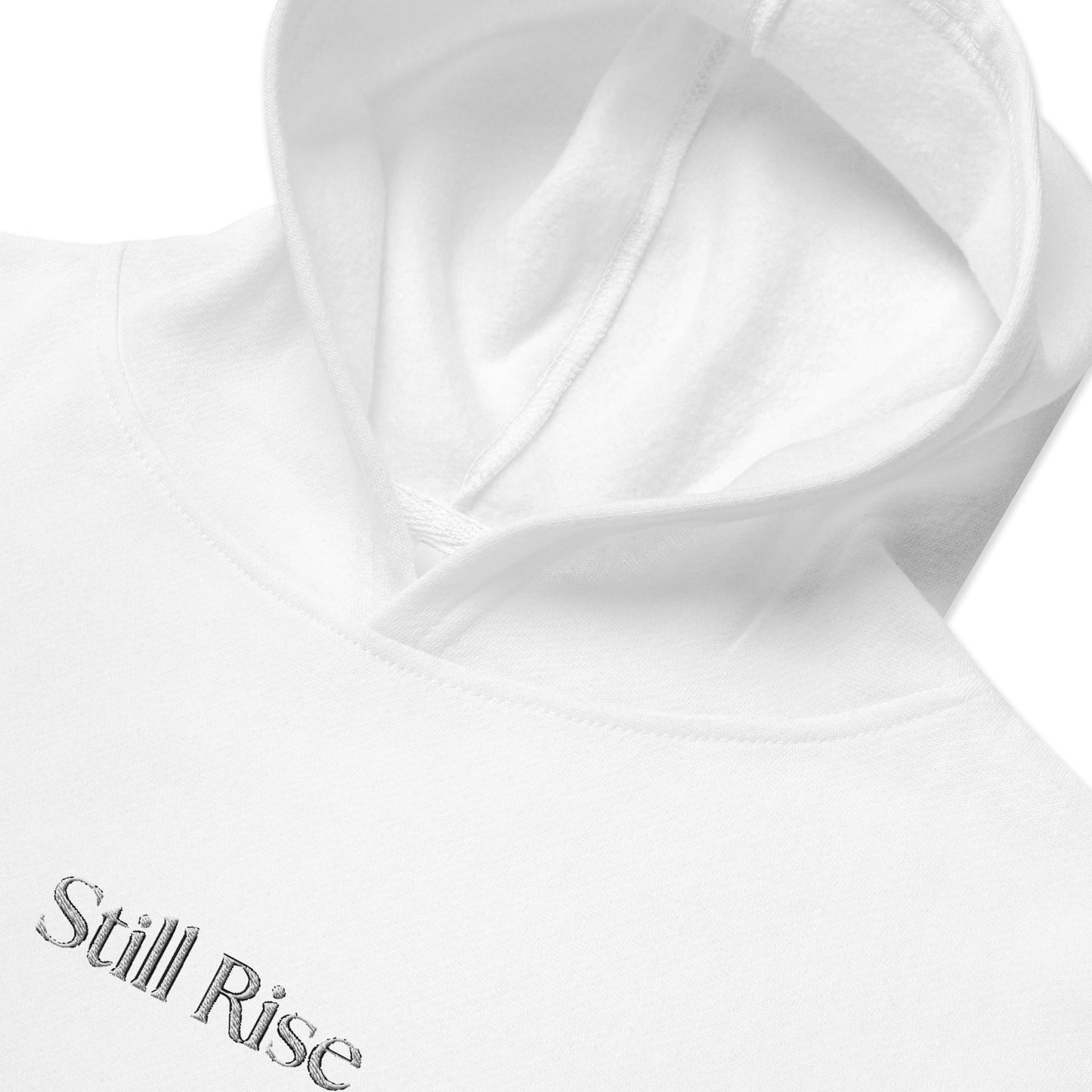 THSR Youth Pullover Hoodies with Center-Chest Logo – White Pullover Hoodies Featuring Bold Black "Still Rise" Design for Kids