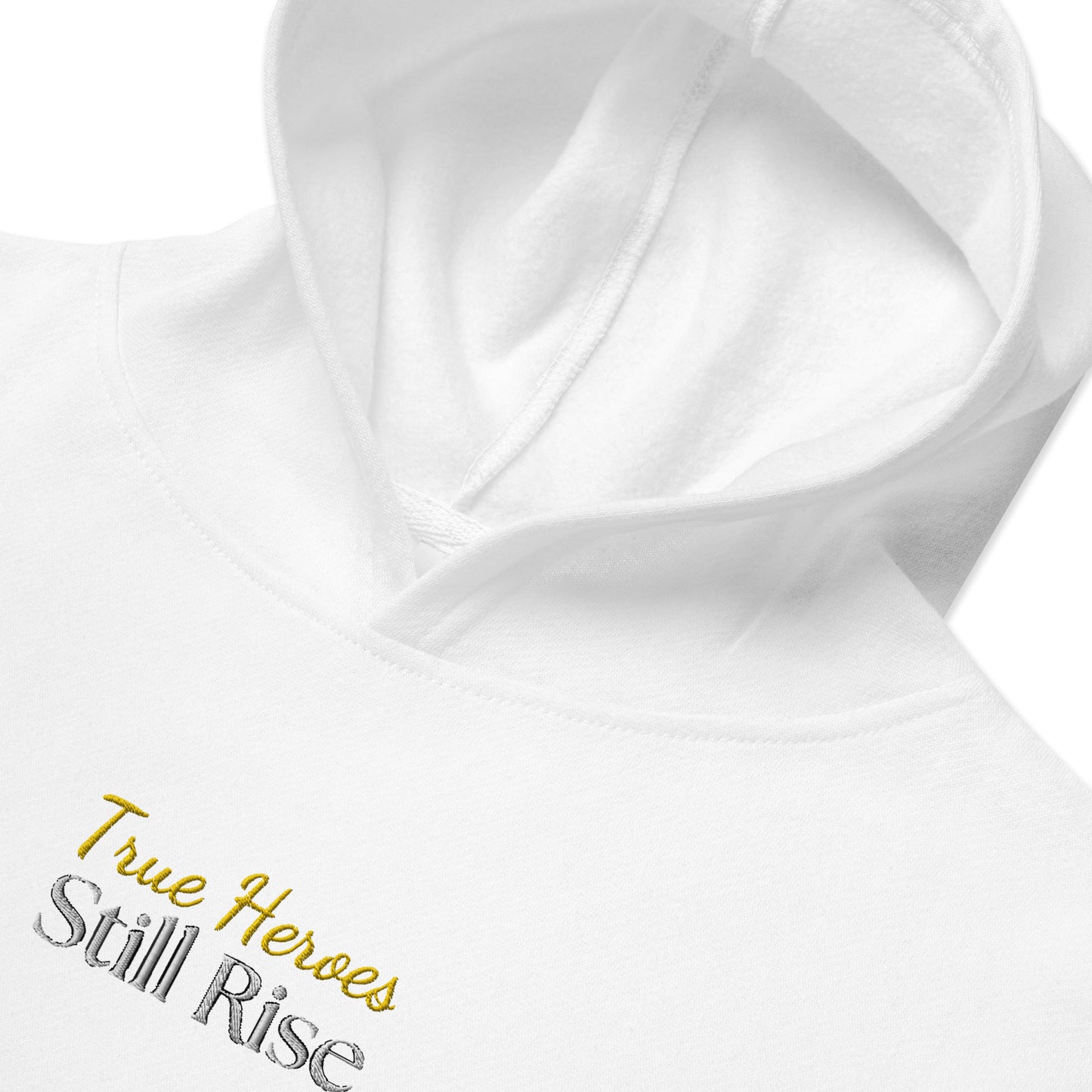 THSR Youth Pullover Hoodies with Center-Chest Logo – White Pullover Hoodies Featuring Bold Gold and Black "True Heroes Still Rise" Design for Kids