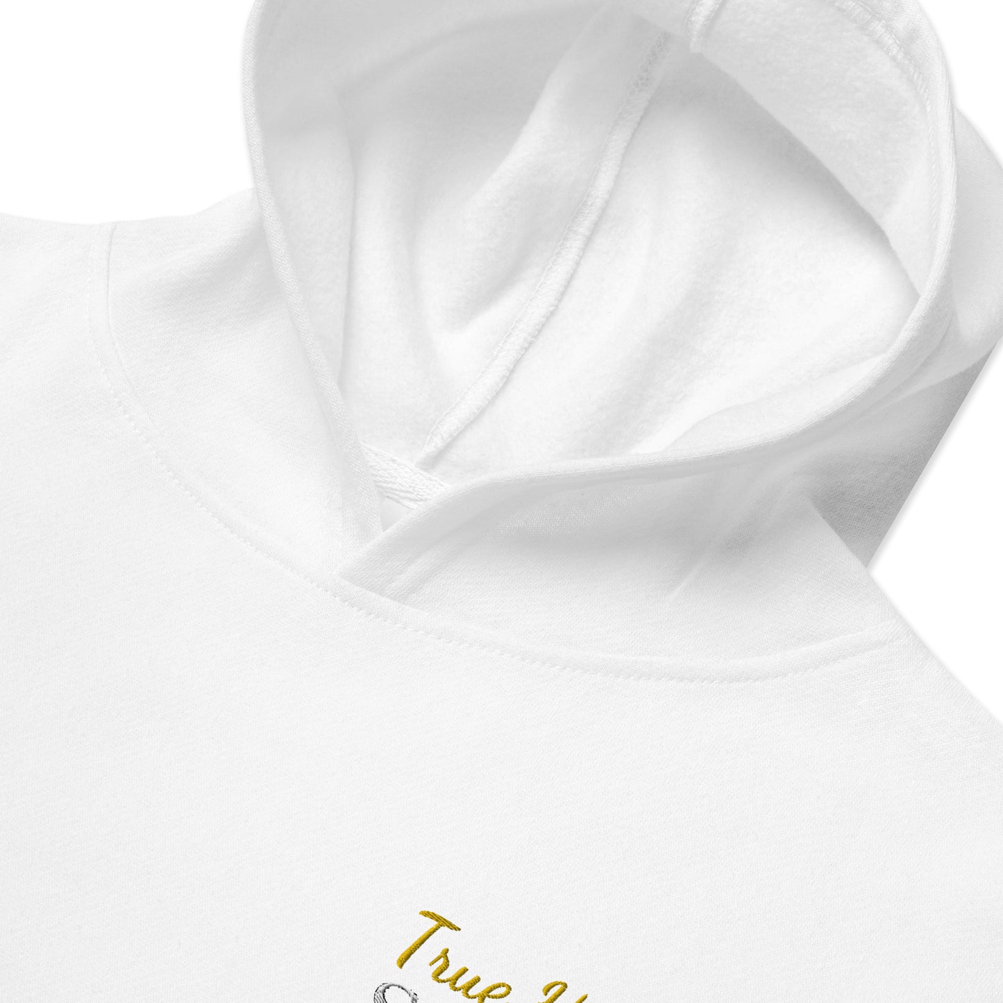 THSR Youth Pullover Hoodies with Left-Chest Logo – White Pullover Hoodies Featuring Bold Gold and Black "True Heroes Still Rise" Design for Kids