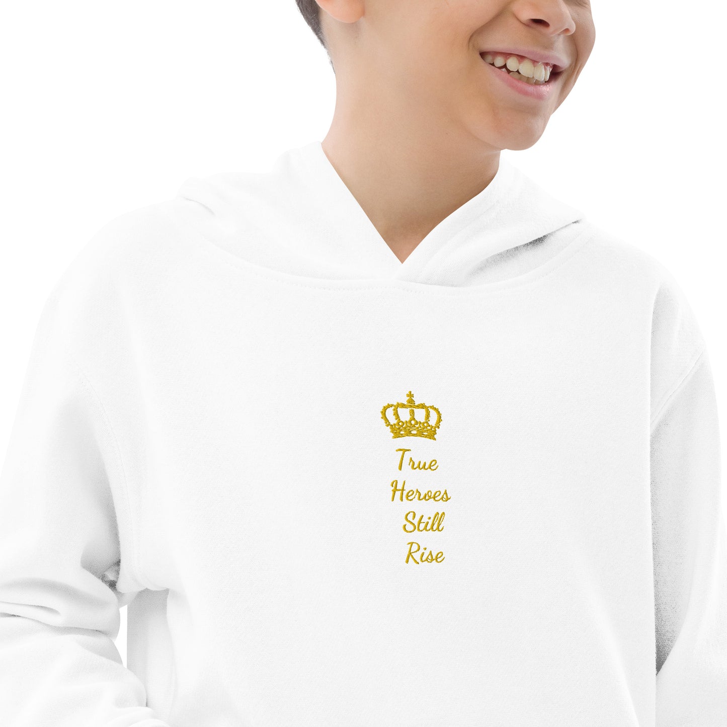 THSR Youth Pullover Hoodies with Center-Chest Logo – Black or White Pullover Hoodies Featuring Gold "True Heroes Still Rise" under a crown Design for Kids