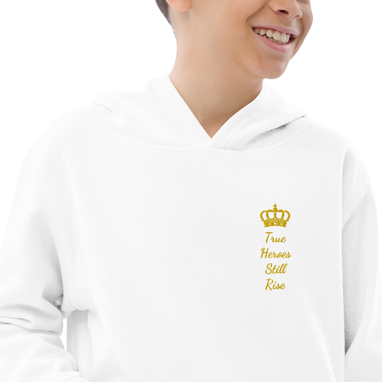 THSR Youth Pullover Hoodies with Left-Chest Logo –Black or White Pullover Hoodies Featuring Gold "True Heroes Still Rise" under a crown Design for Kids