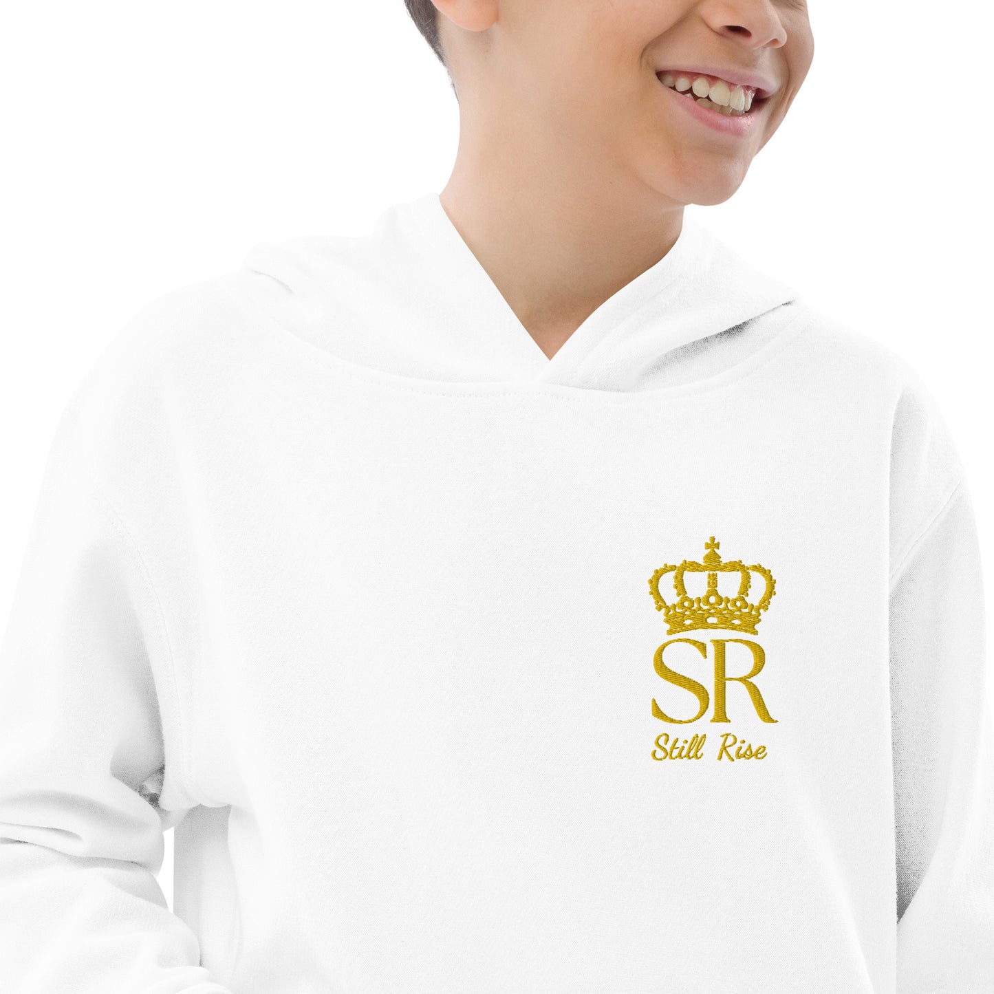 THSR Youth Pullover Hoodies with Left-Chest Logo – Black or White Pullover Hoodies Featuring Gold THSR "SR Still Rise" under a crown Design for Kids