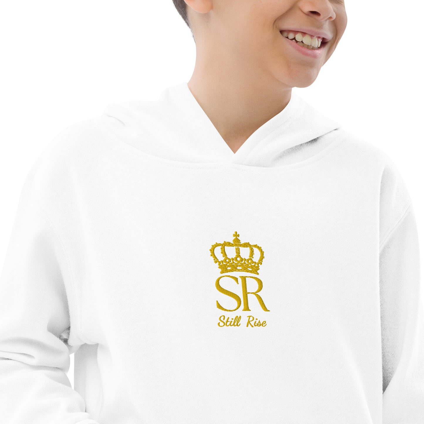 THSR Youth Pullover Hoodies with Center-Chest Logo – Black or White Pullover Hoodies Featuring Gold THSR "SR Still Rise" under a crown Design for Kids