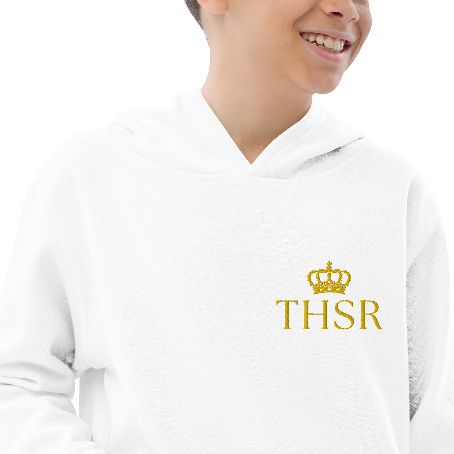 THSR Youth Pullover Hoodies with Left-Chest Logo – Black or White Pullover Hoodies Featuring Gold "THSR" under a crown Design for Kids