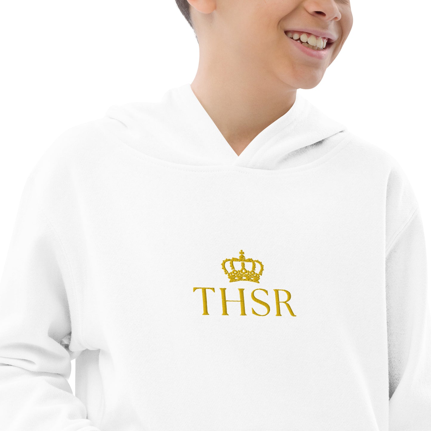 THSR Youth Pullover Hoodies with Center-Chest Logo – Black or White Pullover Hoodies Featuring Gold "THSR" under a crown Design for Kids