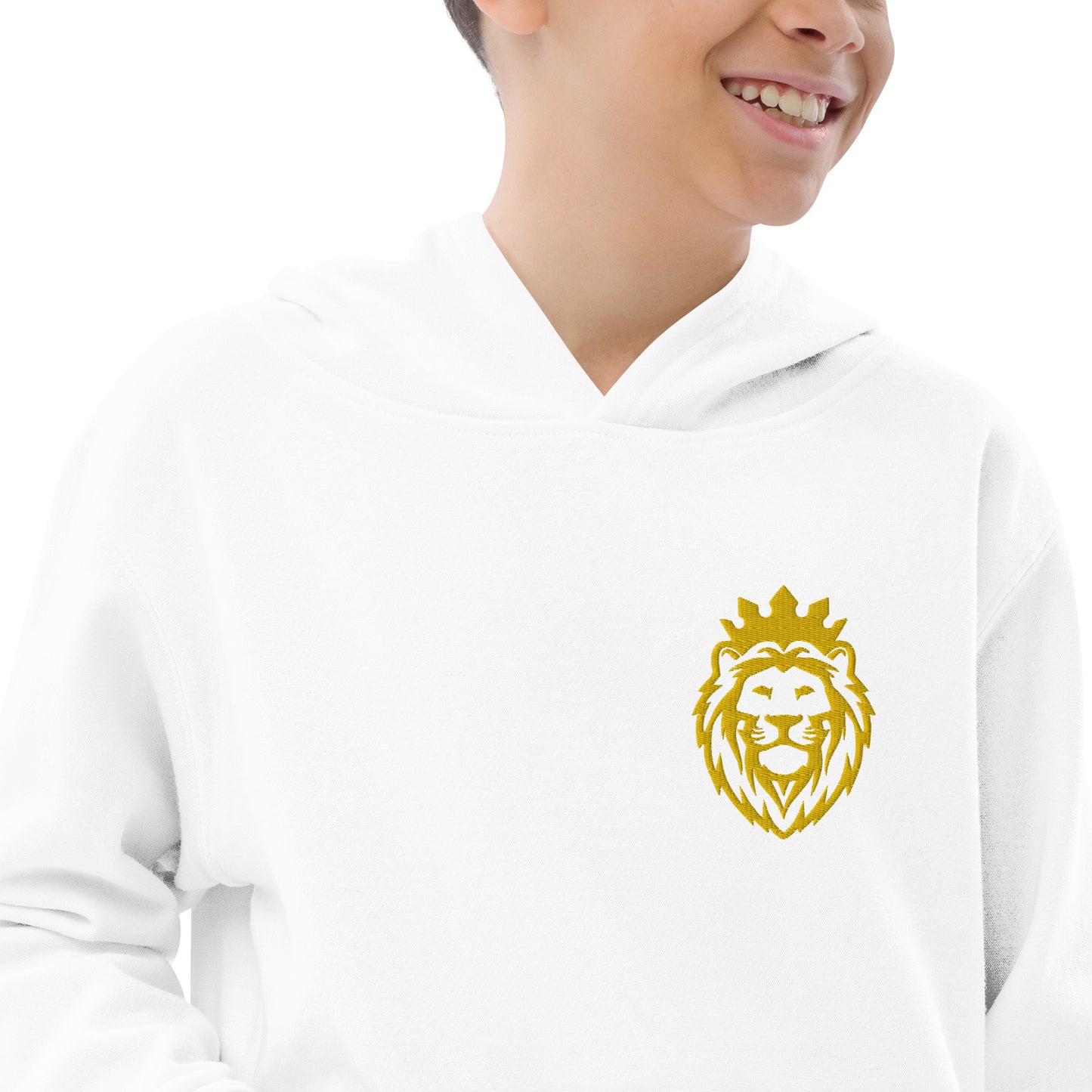 THSR Youth Pullover Hoodies with Left-Chest Logo – Black or White Pullover Hoodies Featuring Gold THSR KING Lion wearing a crown Design for Kids