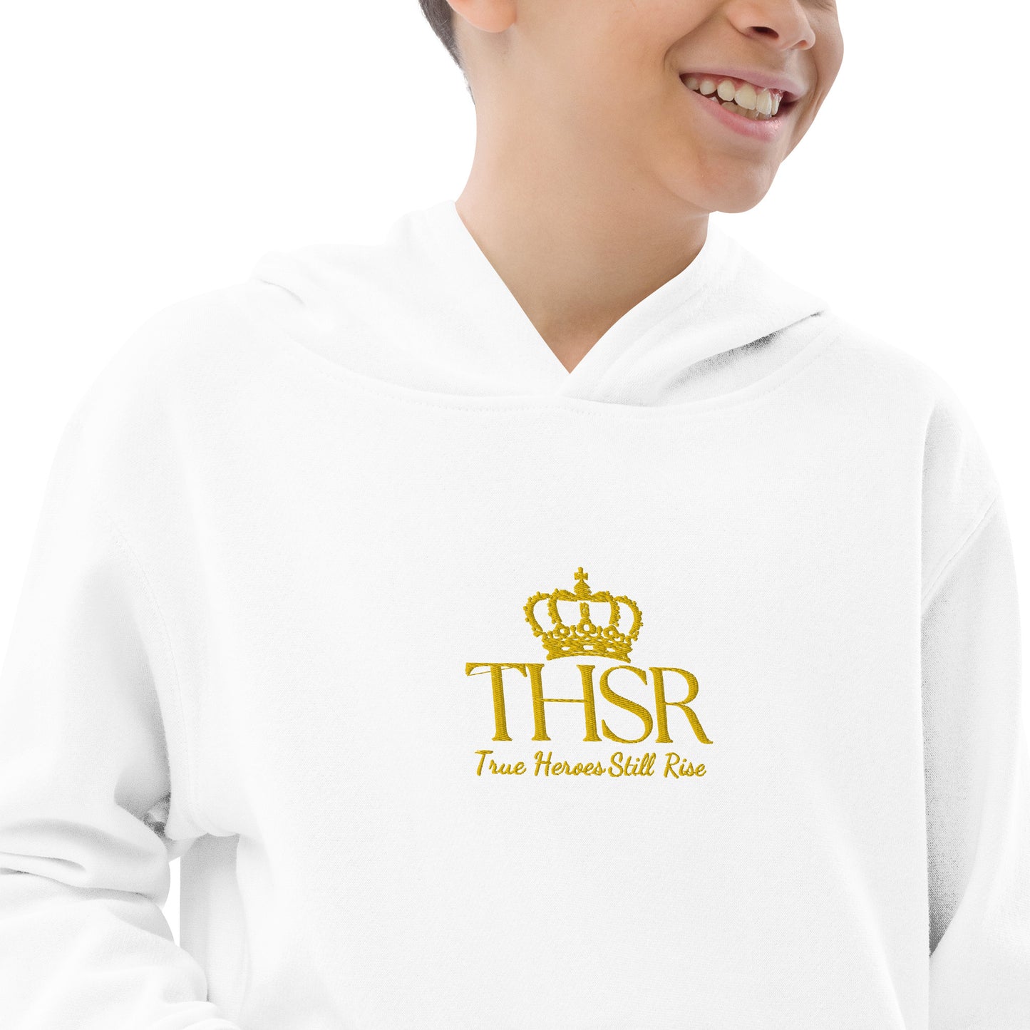 THSR Youth Pullover Hoodies with Center-Chest Logo – Black or White Pullover Hoodies Featuring Gold "THSR True Heroes Still Rise" under a crown Design for Kids