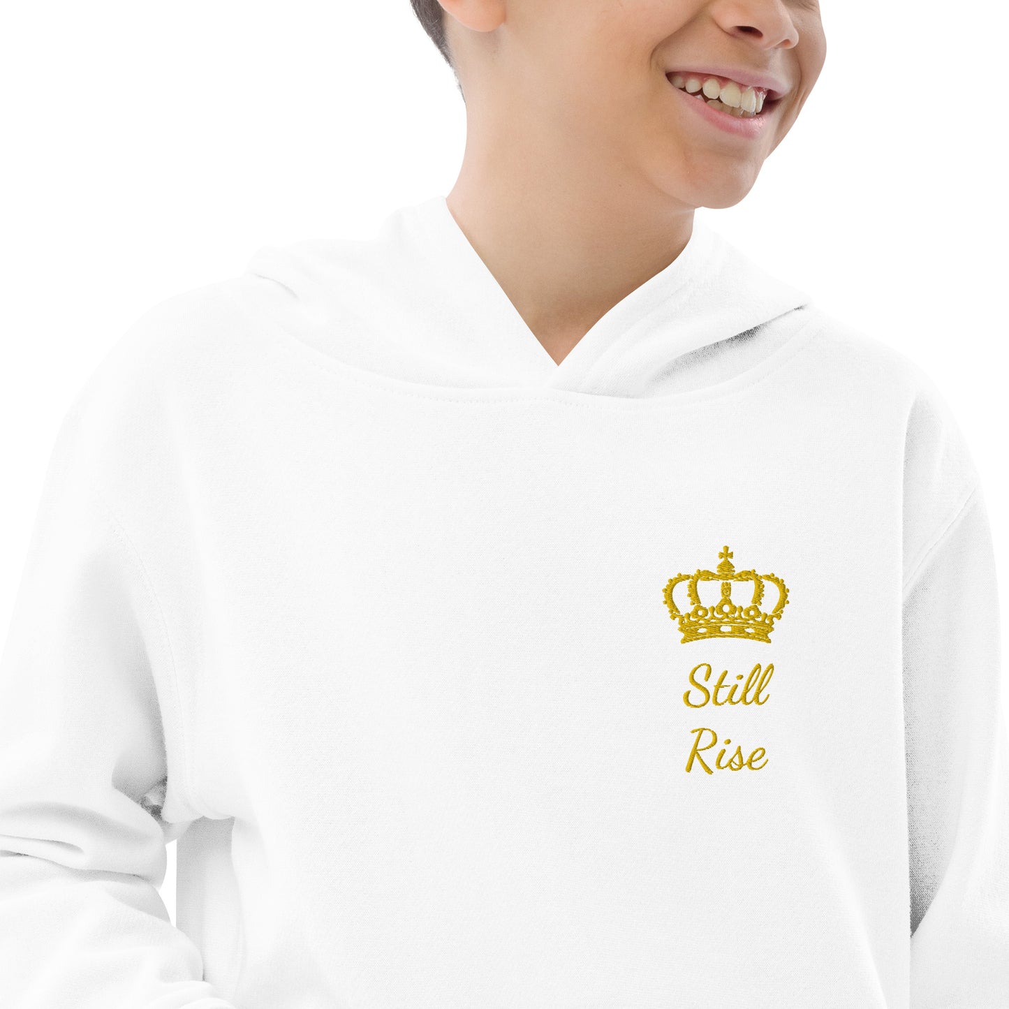 THSR Youth Pullover Hoodies with Left-Chest Logo – Black or White Pullover Hoodies Featuring Gold THSR "Still Rise" under a crown Design for Kids