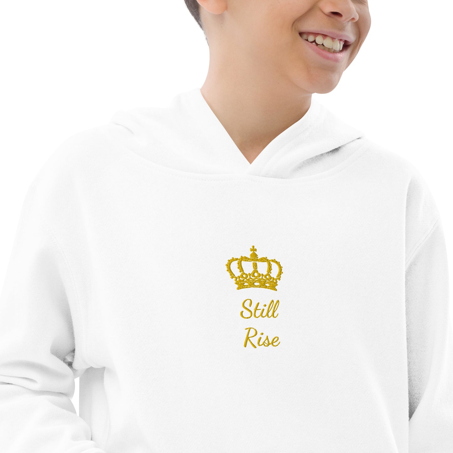 THSR Youth Pullover Hoodies with Center-Chest Logo – Black or White Pullover Hoodies Featuring Gold THSR "Still Rise" under a crown Design for Kids