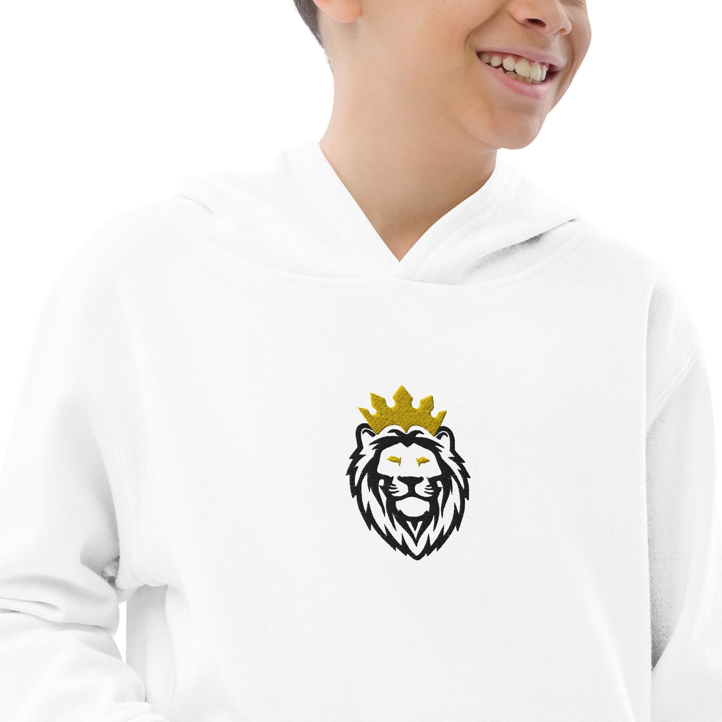 THSR Youth Pullover Hoodies with Center-Chest Logo – White Pullover Hoodies Featuring Black & Gold THSR KING Lion wearing a crown Design for Kids