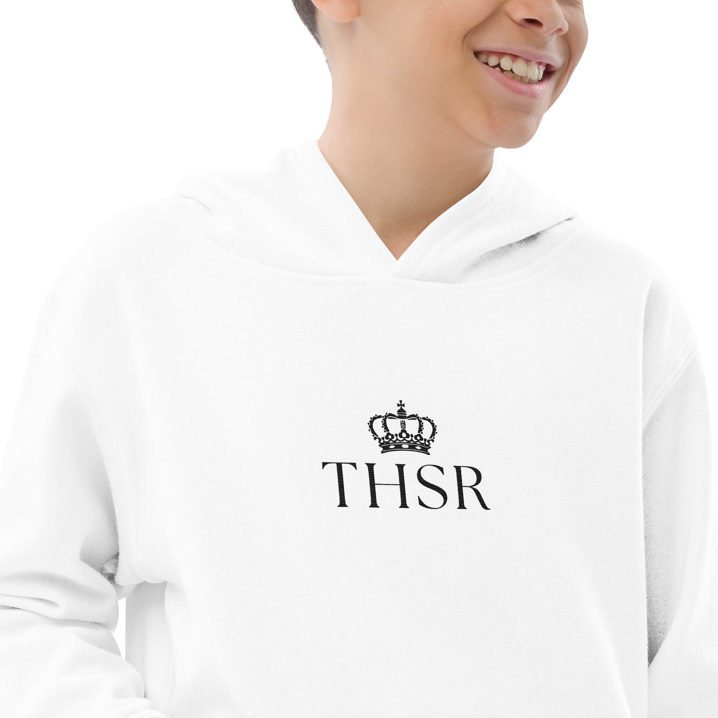 THSR Youth Pullover Hoodies with Center-Chest Logo – White Pullover Hoodies Featuring Black "THSR" under a crown Design for Kids