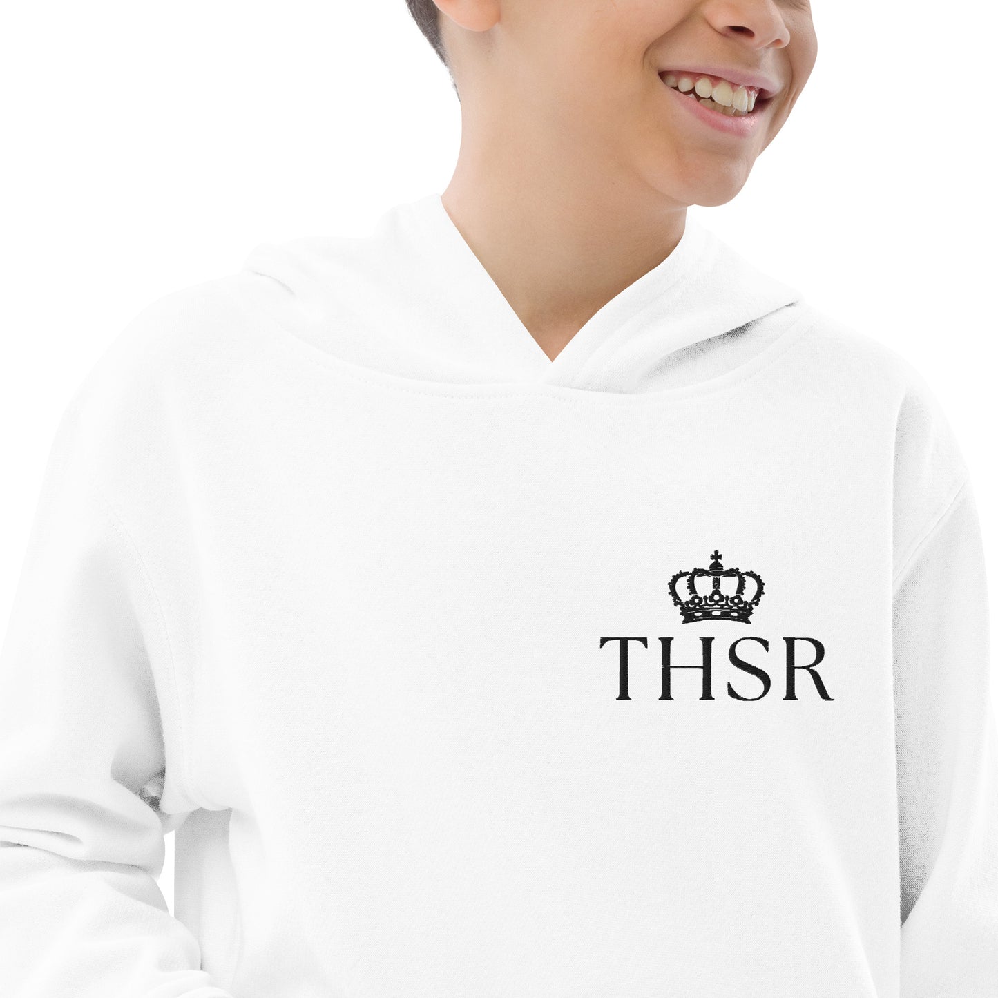 THSR Youth Pullover Hoodies with Left-Chest Logo – White Pullover Hoodies Featuring Black "THSR" under a crown Design for Kids