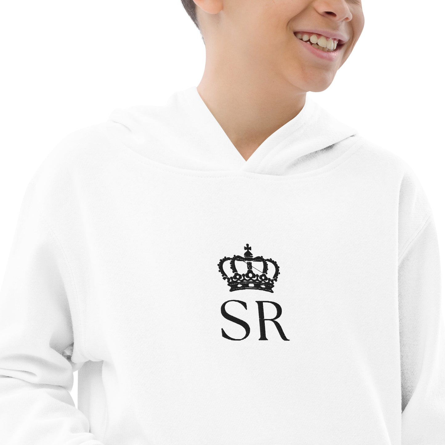 THSR Youth Pullover Hoodies with Center-Chest Logo – White Pullover Hoodies Featuring Black THSR "SR" under a crown Design for Kids