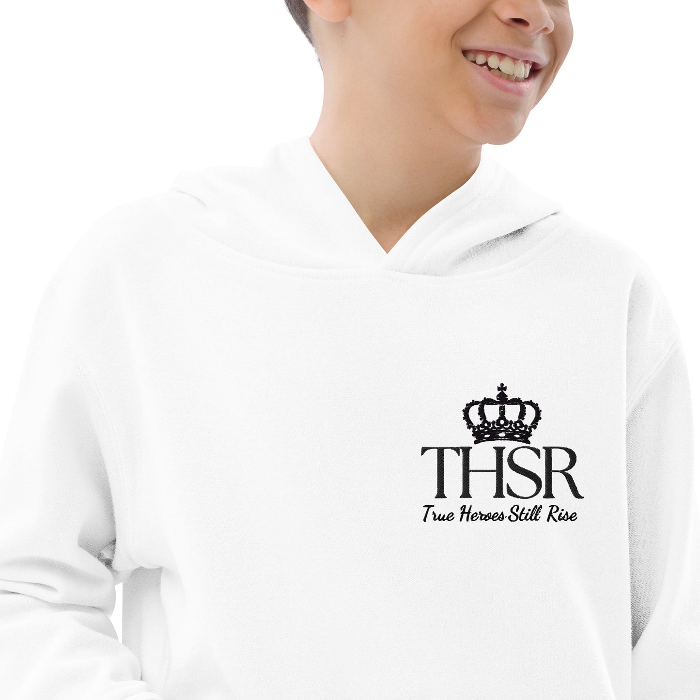 THSR Youth Pullover Hoodies with Left-Chest Logo – White Pullover Hoodies Featuring Black "THSR True Heroes Still Rise" under a crown Design for Kids