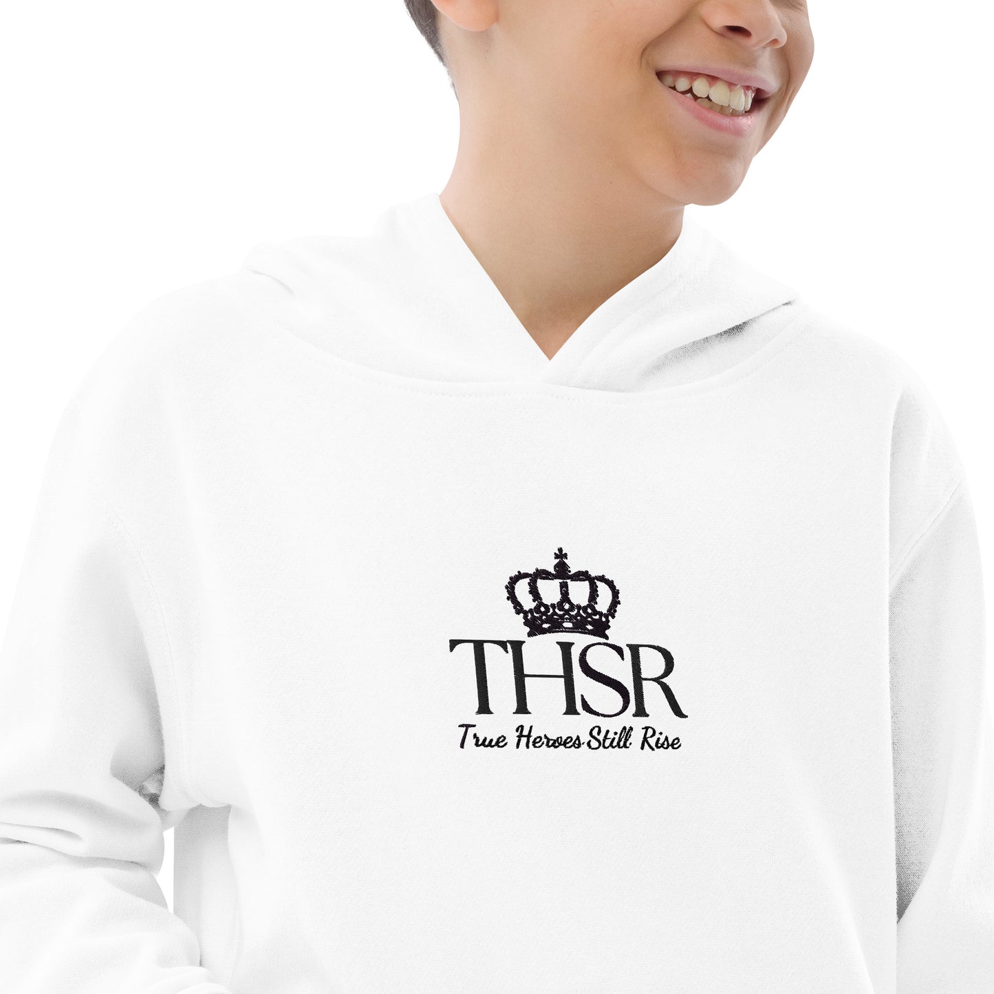 THSR Youth Pullover Hoodies with Center-Chest Logo – White Pullover Hoodies Featuring Black "THSR True Heroes Still Rise" under a crown Design for Kids